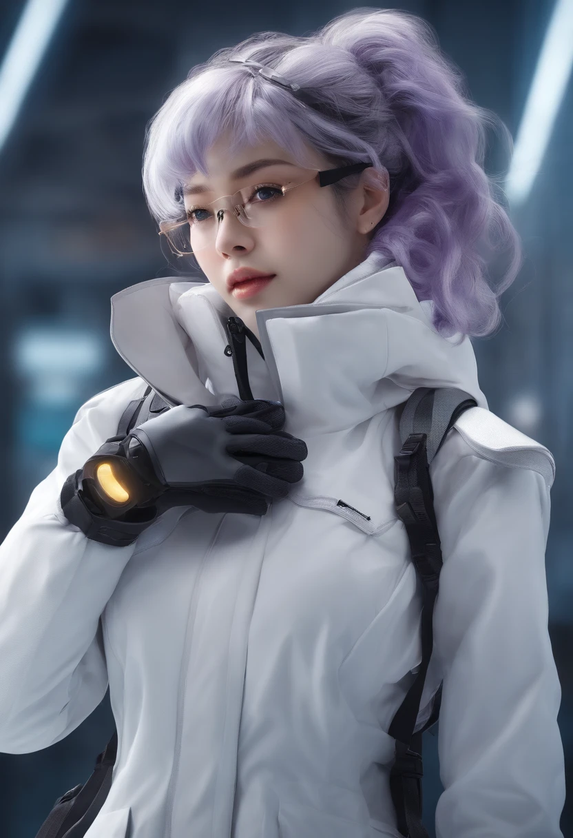 Masterpiece, Best picture quality, Extreme vividness, Anime girl with curly ponytail, petite figure, white functional coat, small, blue-purple gradient ski goggles, cyberpunk, gray hair, natural casual style, dynamic stance, golden section, portrait with large aperture, cool tones, strong visual impact, white space, light and shadow contrast, super texture, sunset afterglow, super clear picture, simple picture