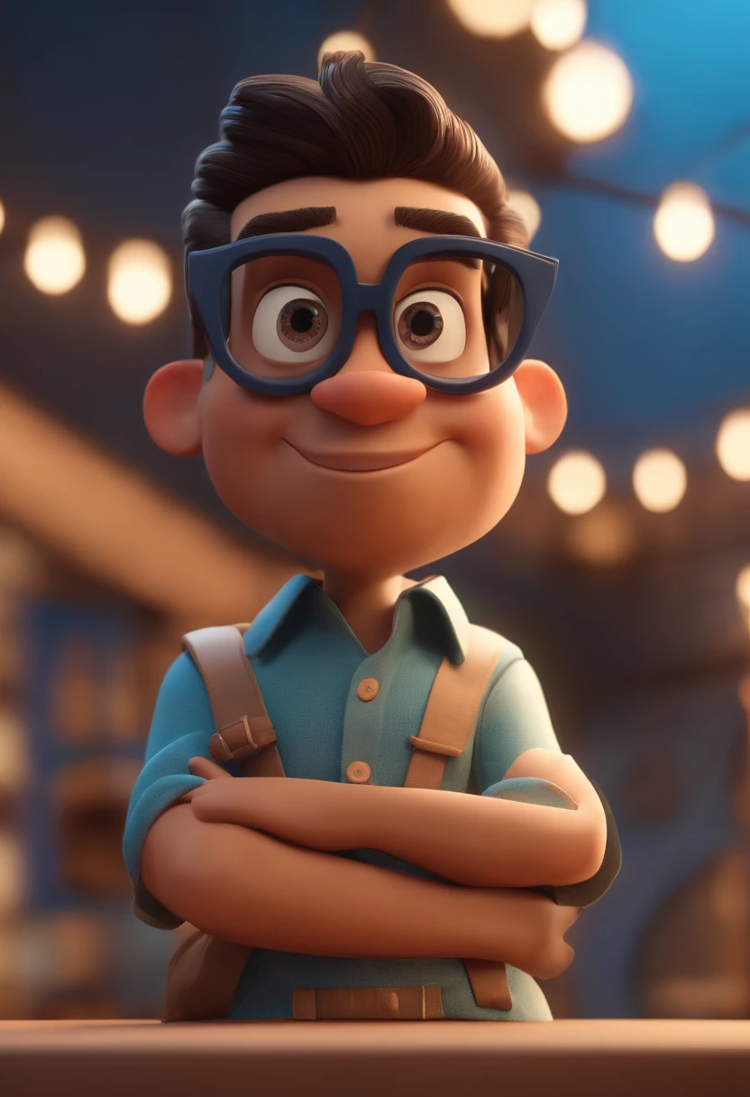 Cartoon character of a man wearing black glasses and a blue shirt, um personagem animado, Caractere estilizado, animation style rendering, 3D estilizado, Arnold Maya render, 3 d render stylized, toon render keyshot, Personagem 3D, Personagem 3D, 3d rendering stylized, 3 d character render, personagem de desenho animado, Personagem de close up, Pose de personagem, (Estilo Pixar) (master part:1.2) (Bokeh) (best quality) (pele detalhada) (textura detalhada) (8k) (argila) (Cinematic lighting) (foco nítido,Senta e vaza a parte superior do corpo