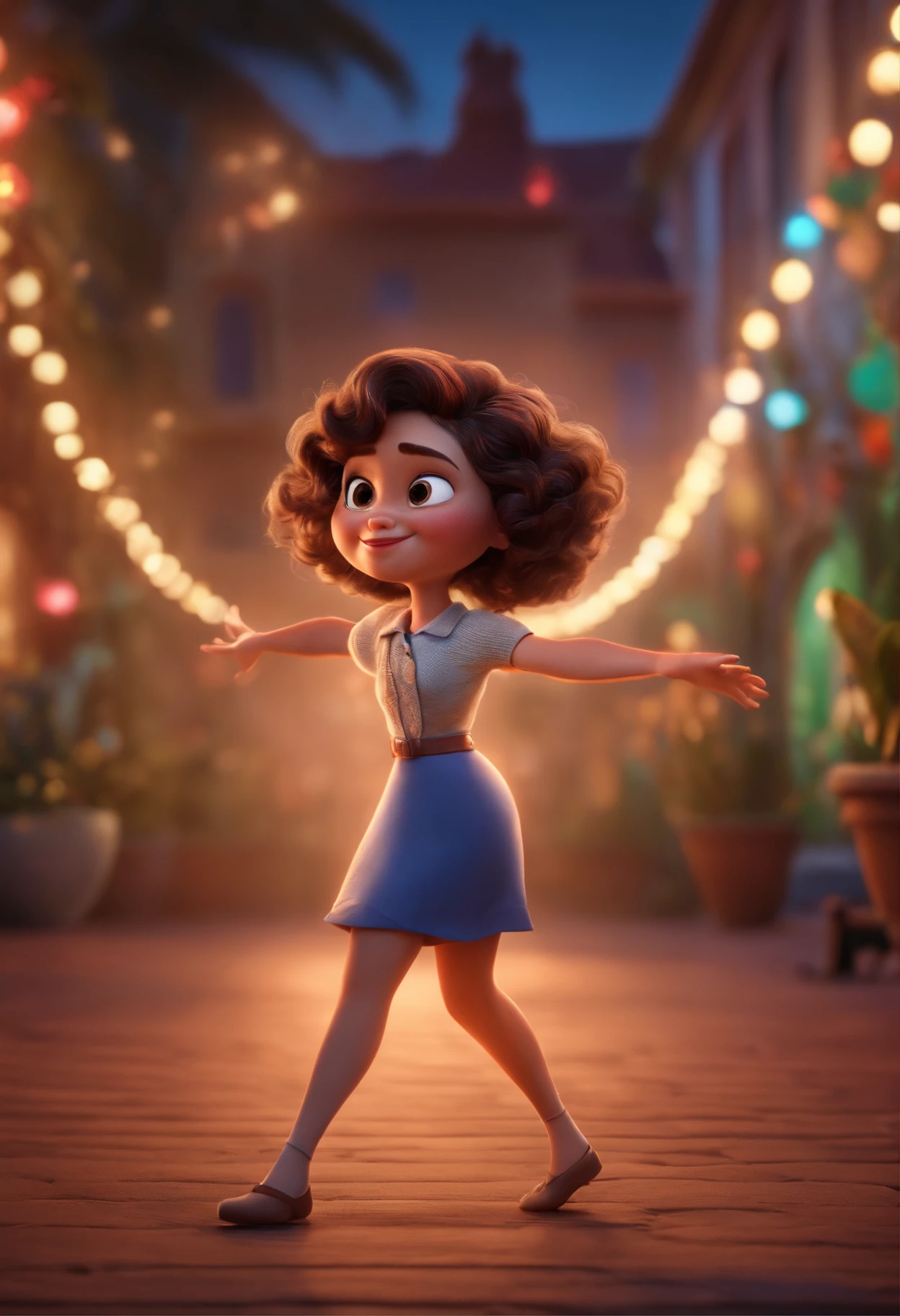 Pixar style image with 3D character white glasses brunette woman short curly hair dancing, Maquiagem Disney,Pescador, bonitinho, sorridente ,Close-up, Pixar, Disney, Cinema lighting,