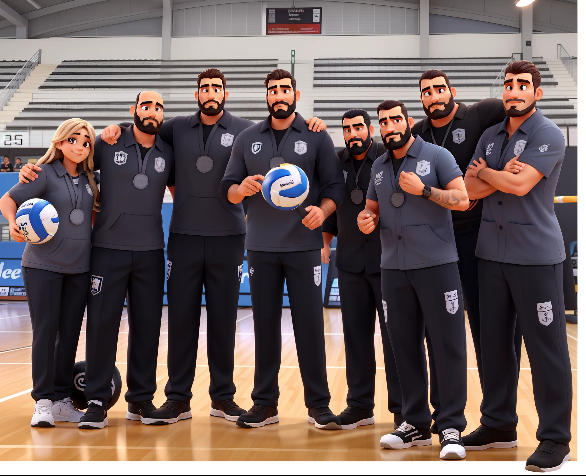 Uma mulher de cabelo longo e loiro, um homem careca e barba grisalha, um homem calvo cabelo preto e barba preta, The man in the middle is tall, com cabelos grisalhos e barba grisalha, um homem baixo de cabelo preto e barba preta, um homem baixo de cabelo castanho e barba rala, um homem alto, careca e barba preta, um homem cabelo preto liso e barba preta,illuminated by the light of a lamp, against the backdrop of a volleyball court