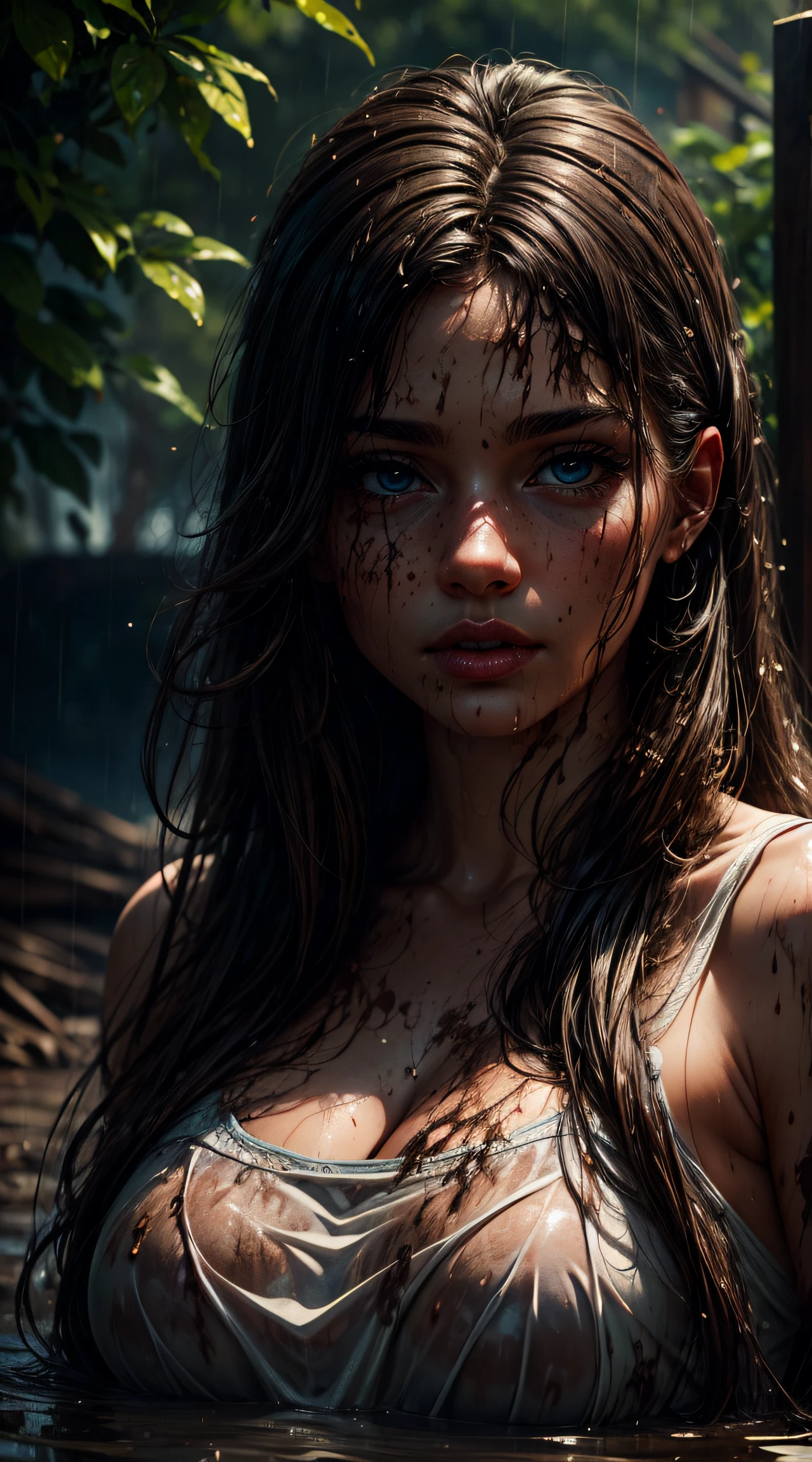 best quality, highly detailed, realistic, 32k, 1 girl, long hair, muddy, wet, rain