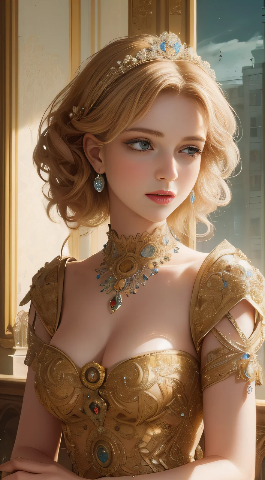 (Ultra-high quality masterpiece,Beautiful bust of an 18-year-old noble girl,Classical coiled hair,The eyes are shiny and clear,Floral craftsmanship,Crystal jewelry,Ultra-fine details,Soft lighting)