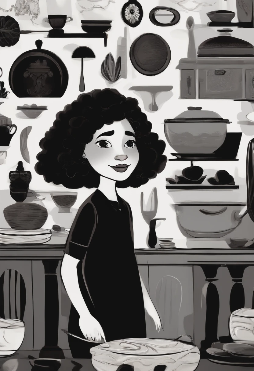 Um filme inspirado na Disney Pixar (MENINA NEGRA JOVEM COM CABELO LONGO CACHEADO PRETO) dentro A cena estar na arte distinta do estilo PIXAR, descolada e estilosa