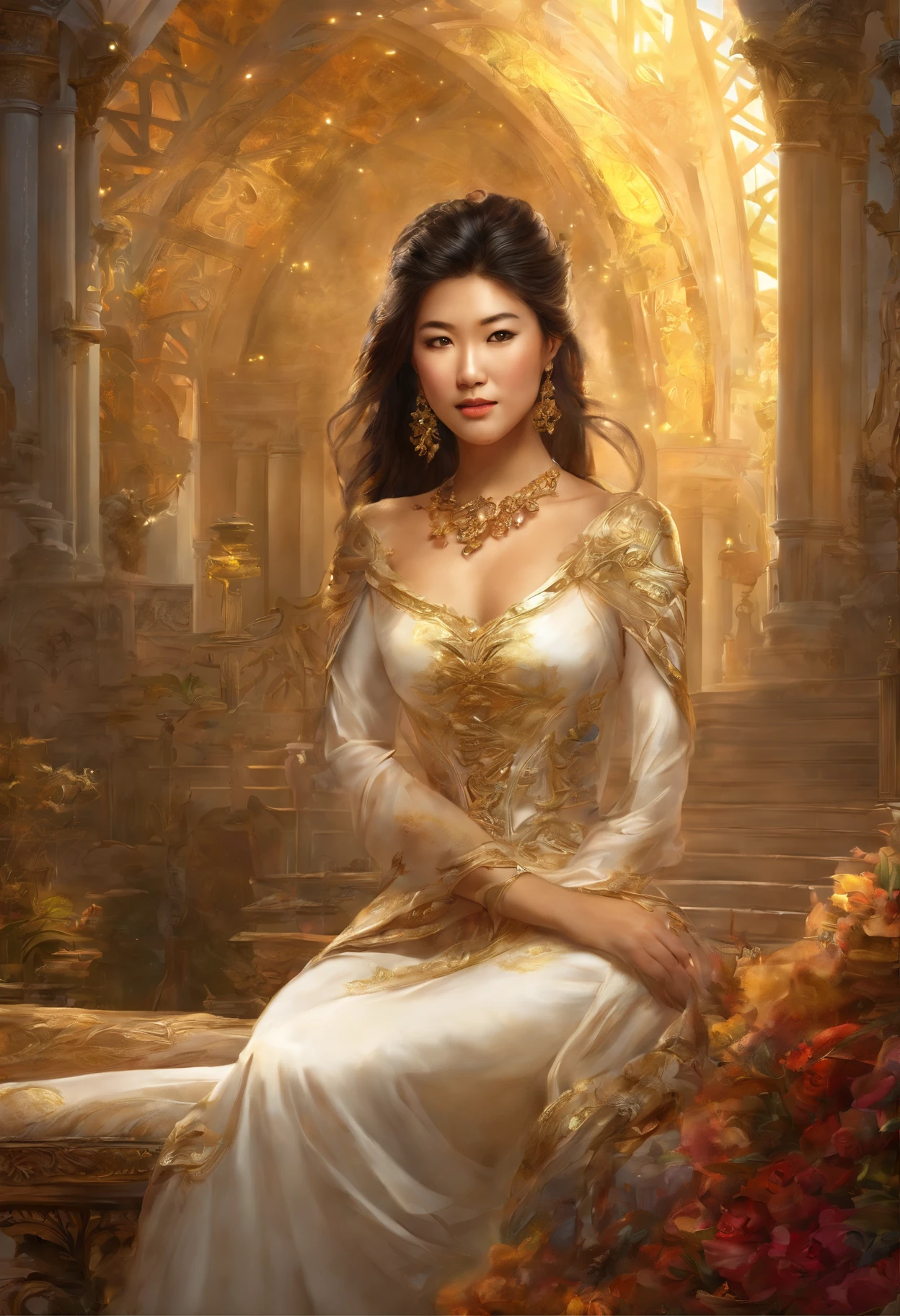 make an ultra realistic image of a young girl with the face of actress Grace Park from Hawaii 5.0 ,Naked and tied in a hogtie position on a gold couch, com os cabelos soltos, and a richly gilded room detailed in the style of the Palace of Versailles