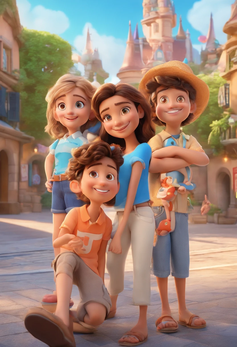 Cartoon of friends having fun on vacation together, 3D Animation Movie Poster, Poster de filme animado, pixar 3 d animation style, pixar renderman rendering, maia 8 mil, animated film, Disney Pixar Estilo 3D, amigos felizes saem juntos, all wearing light blue shirts and cream brown long pants, camisa azul clara, cream brown pants, ao ar livre, vacation, Disney Pixar Animation Poster