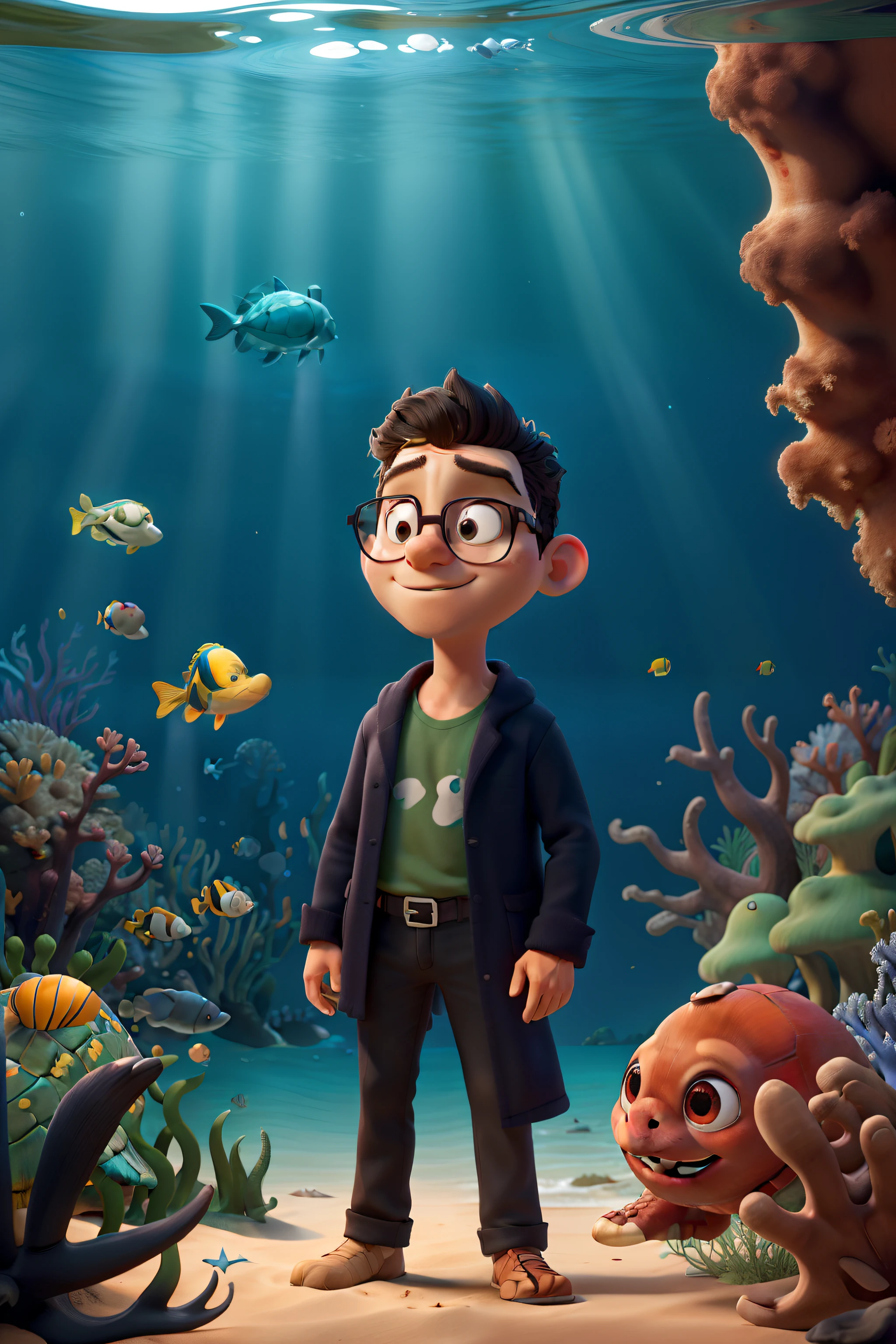 Create an amazing illustration for the cover of a movie called 'Gabriel and the Sea Turtle Fungi'. A cena apresenta um jovem de costas, Gabriel, com pele negra, Glasses and black hair, Wearing a black lab coat. He is standing in a magical environment at the bottom of the sea, with blue-green waters, corais vibrantes e criaturas marinhas. Gabriel is admiring a giant sea turtle that passes by him, e a tartaruga deve parecer majestosa e realista. The image should convey the sense of wonder and beauty. The typography of the film's title, 'Gabriel e os Fungos das Tartarugas Marinhas', It should be at the top of the cover in capital letters, with a style that resembles the typography of Pixar productions. Negro, tartaruga marinha, fundo do mar, corpo robusto, 'Gabriel e os Fungos das Tartarugas Marinhas'