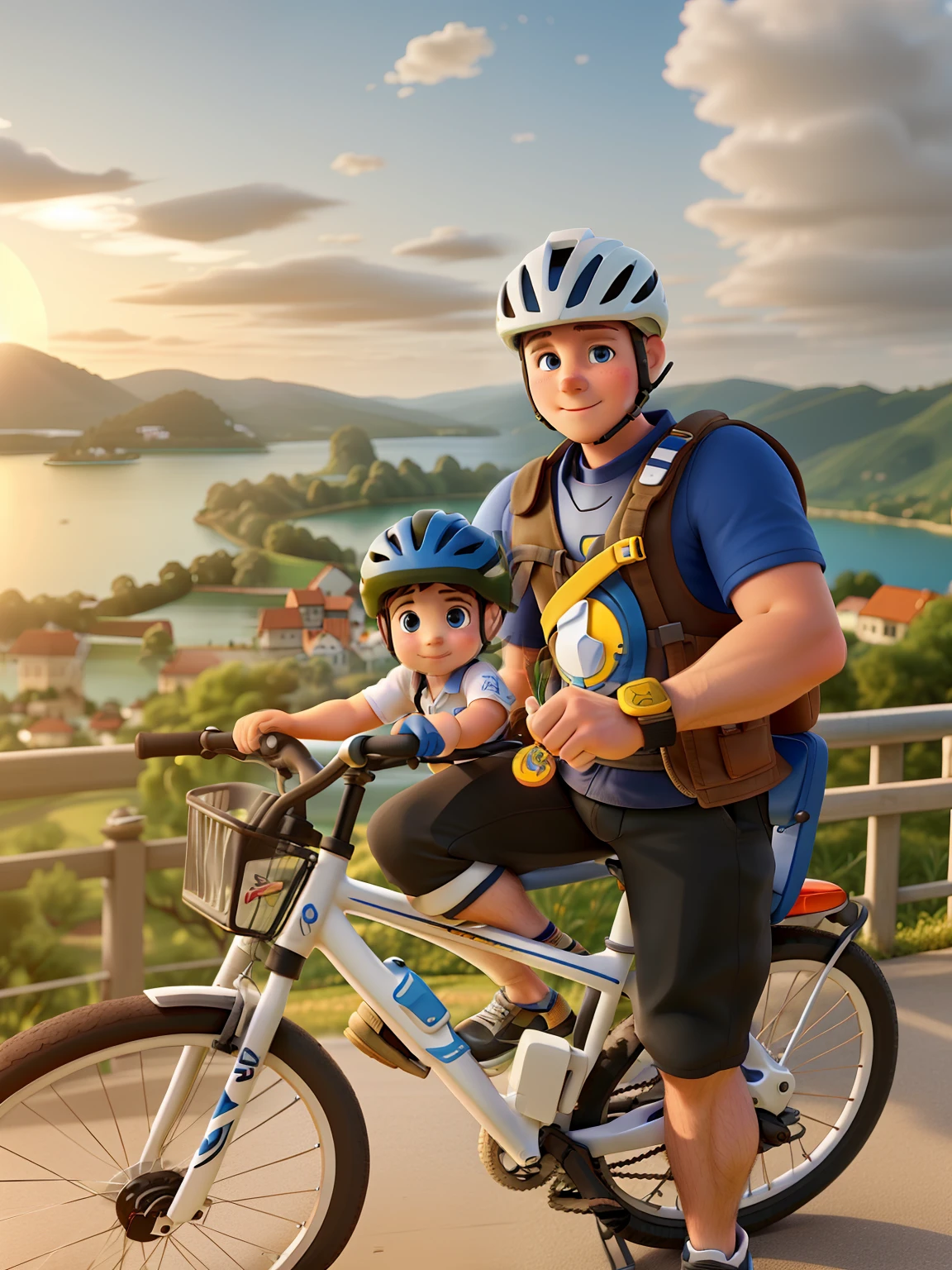 A white man in bike helmet is a child on bike tbm with helmet , com a vista pra um lindo lago grande no por do sol