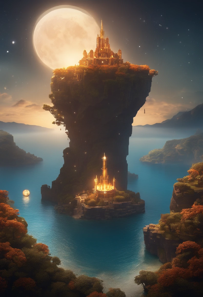 Create a classical, fantasy, sci-fi themed game poster for a voxel sandbox survival game called 'Ethertia · 以太效应' that mirrors the freedom of Minecraft with a smooth, realistic visual style. The poster should feature the edge of the world made up of fantastical particles, representing the 'ether', that reveal a secret world through an ancient theoretical effect. There should be a vast ocean with the viewpoint from an island. The island's cliffs should be larger at the top and narrower at the bottom, covered with dense, oversized trees and vines hanging down. The sky at the edge of the island should display a sci-fi etheric particle effect. The scene should evoke a sense of wonder and the possibility of exploration in this ethereal landscape.