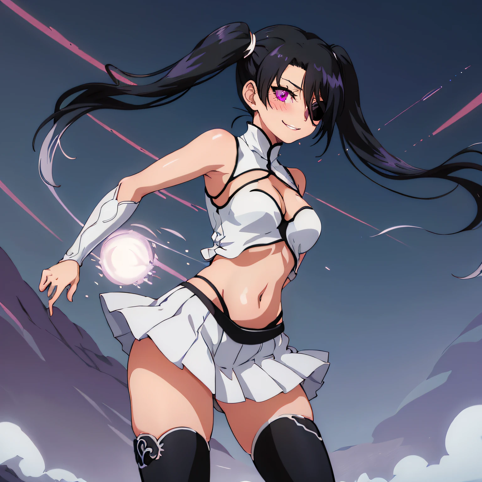 outdoor,desert,high quality,Masterpeace,Loly_Aivirrne, 1girl, solo, long hair, white miniskirt, black hair, black thigh boots, navel, twintails, flat chest, pleated skirt, zettai ryouiki, eyepatch, center opening, midriff, cleavage, clothing cutout, purple eyes, LIPS, PERFECT FACE, BLUSH, SEDUCTIVE SMILE, PERFECT EYES, back viewer, huge ass, ager