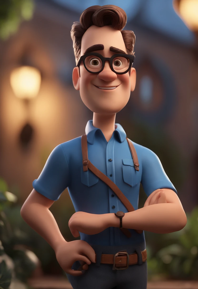 Cartoon character of a man with black glasses and a blue shirt, animation character, Caractere estilizado, animation style rendering, 3D estilizado, Arnold Maya render, 3 d render stylized, toon render keyshot, Personagem 3D, Personagem 3D, 3d rendering stylized, 3 d character render, personagem de desenho animado, Personagem de close up, Pose de personagem,  (Estilo Pixar) (master part:1.2) (Bokeh) (best quality) (pele detalhada) (textura detalhada) (8k) (argila) (Cinematic lighting) (foco nítido