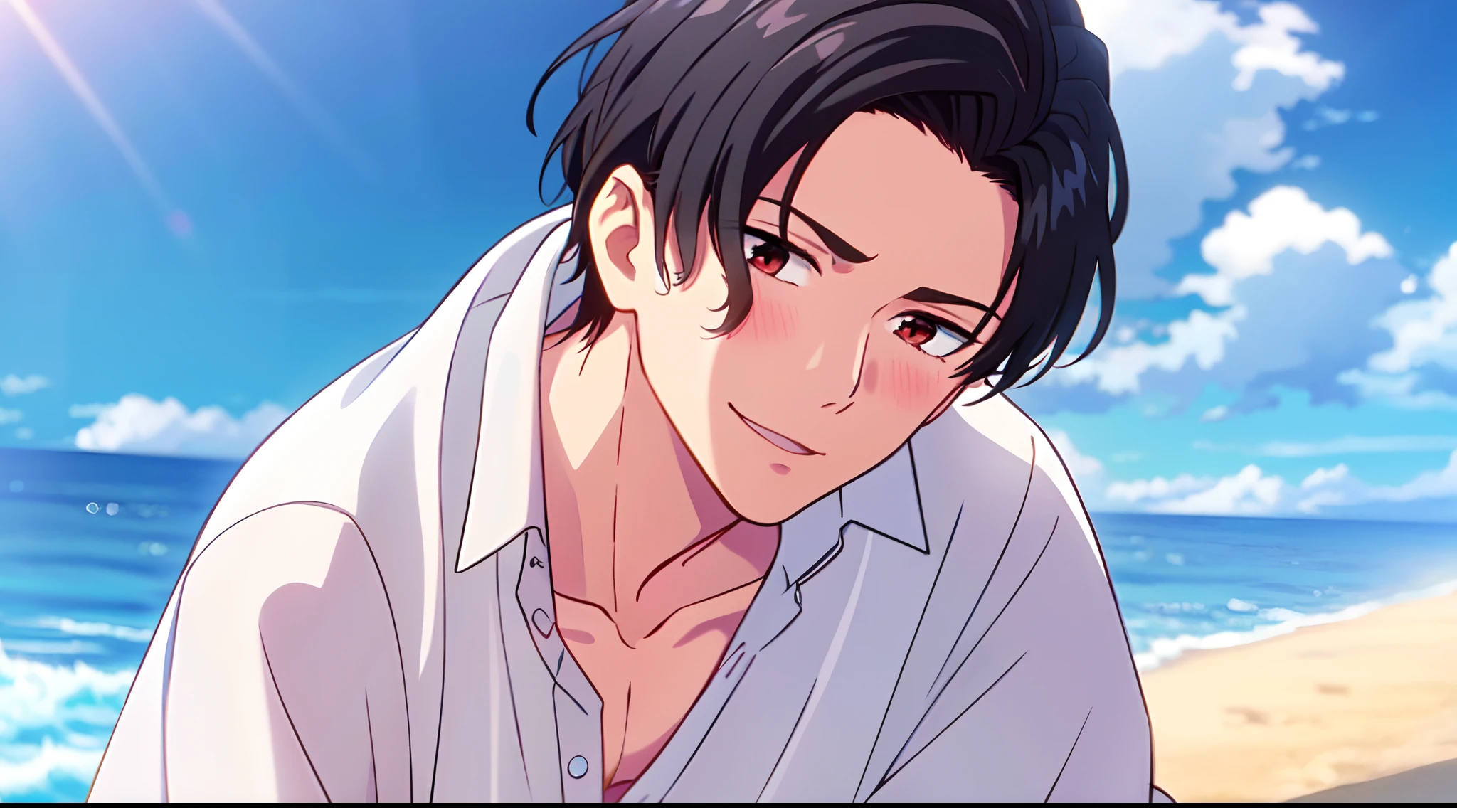 masterpiece, (1Boy), luci, red eyes, black hair, look at viewer, blush, light smile, SHINKAI MAKOTO, (Beach), close up, (blue sky), (colared white shirt)