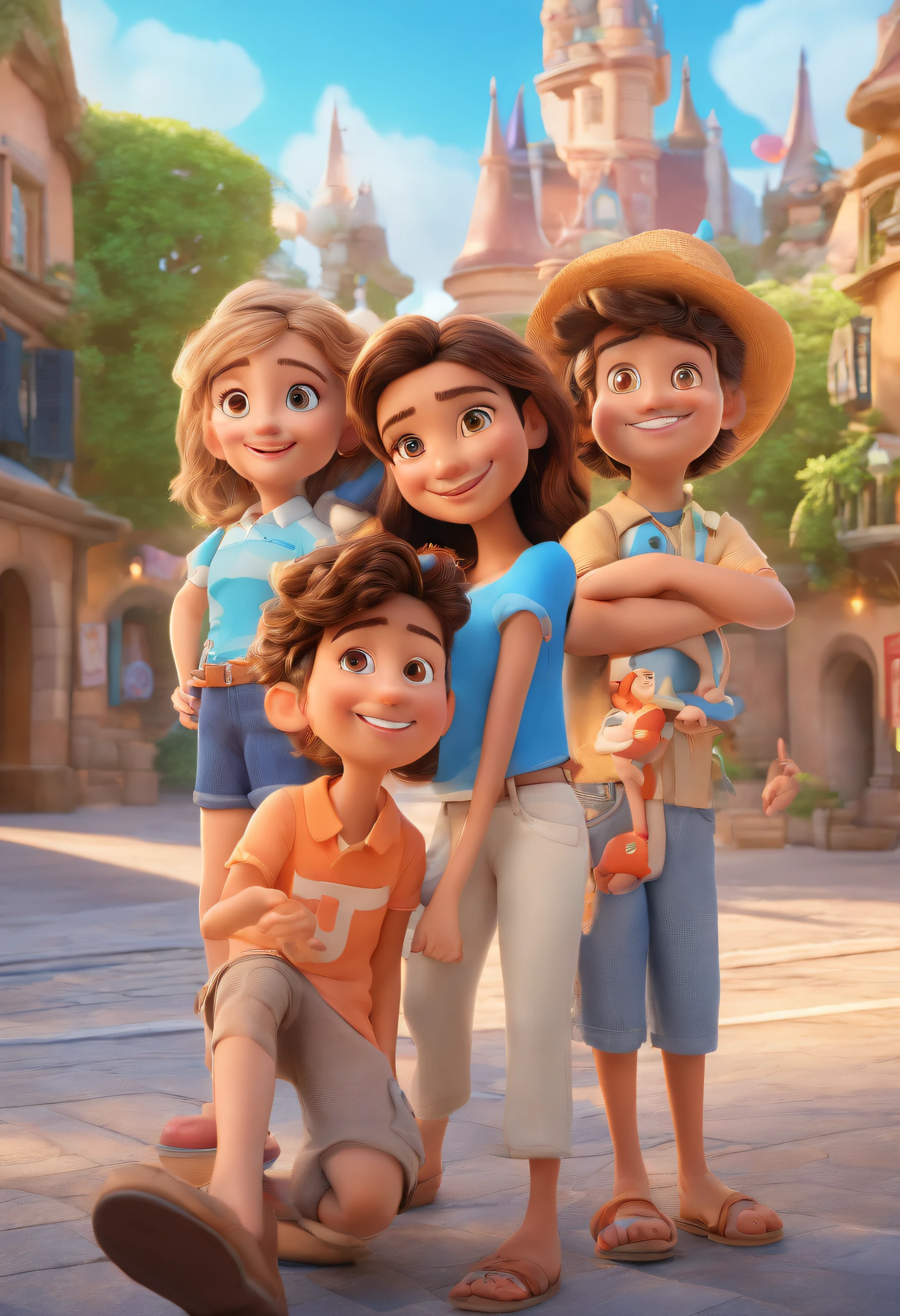 Cartoon of friends having fun on vacation together, 3D Animation Movie Poster, Poster de filme animado, pixar 3 d animation style, pixar renderman rendering, maia 8 mil, animated film, Disney Pixar Estilo 3D, amigos felizes saem juntos, all wearing light blue shirts and cream brown long pants, camisa azul clara, cream brown pants, ao ar livre, vacation, Disney Pixar Animation Poster