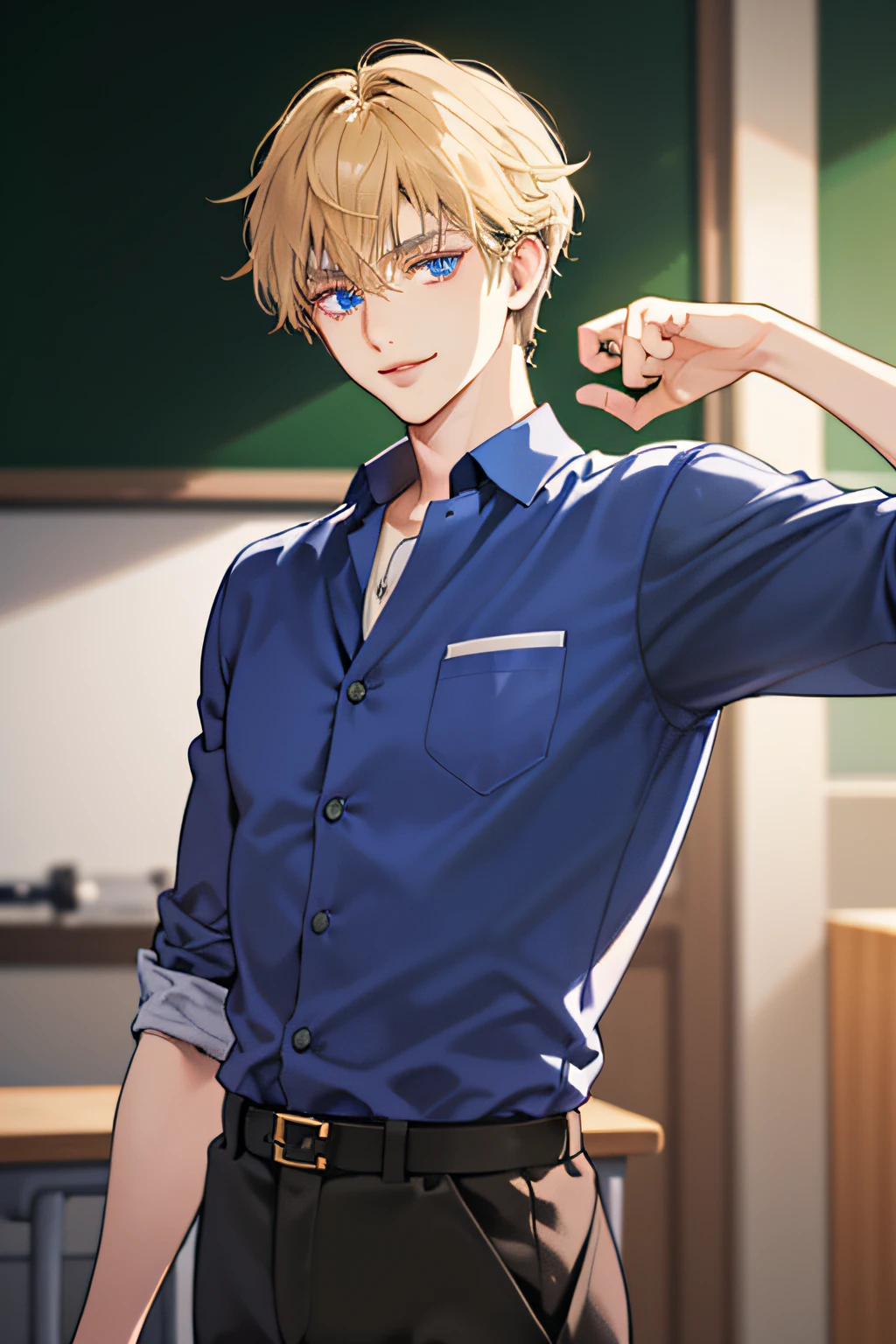 ((Masterpiece: 1.2, top quality)), (handsome: 1.4), best quality, 1 man, short hair, short hair, very short hair tousled back, comma bangs, handsome student, alone , fashionable, blonde hair, blue eyes, slim body, tall body, slim, masculine, alpha male, shaved face, broad shoulders, slim waist, modern, man wears Korean school uniform, sophisticated uniform, brown pants, blue shirt, blazer dark blue, student council badge, half body shot, 8k CG, high school student, smiling, perfect anatomy, correct limbs, looking at viewer, in school classroom, face focus, perfect face, beautiful eyes