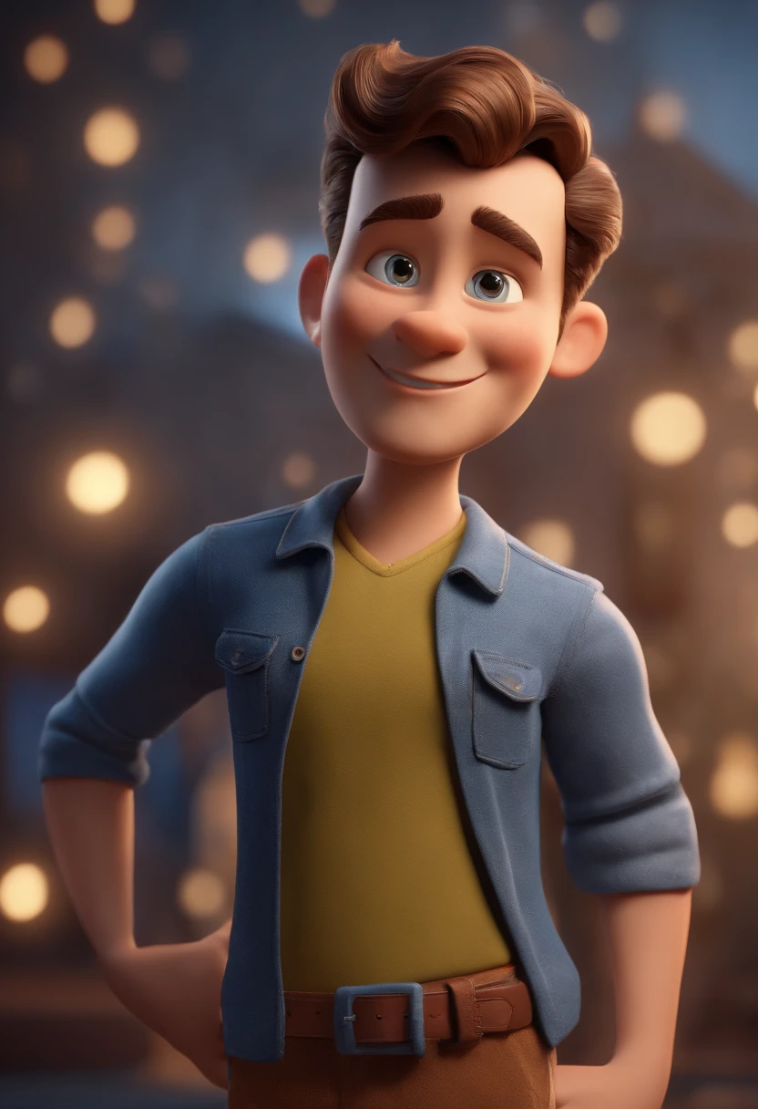 personagem dos desenhos animados de um homem com camisa azul, animation character, Caractere estilizado, animation style rendering, 3D estilizado, Arnold Maya render, 3 d render stylized, toon render keyshot, Personagem 3D, Personagem 3D, 3d rendering stylized, 3 d character render, personagem de desenho animado, Personagem de close up, Pose de personagem, (Estilo Pixar) (master part:1.2) (Bokeh) (best quality) (pele detalhada) (textura detalhada) (8k) (argila) (Cinematic lighting) (foco nítido
