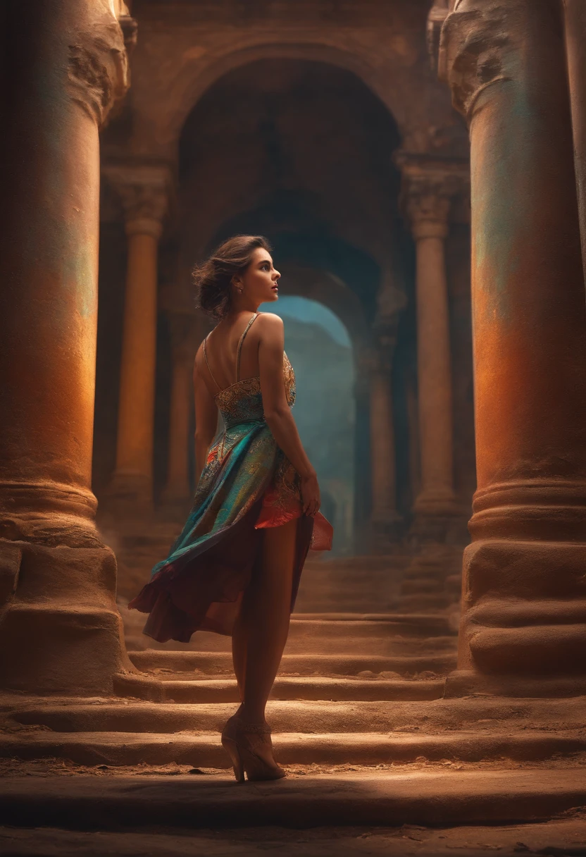 masterpiece, best quality, dynamic pose, dynamic angle, ruins, dynamic background, multicolored background, 1girl, standing,