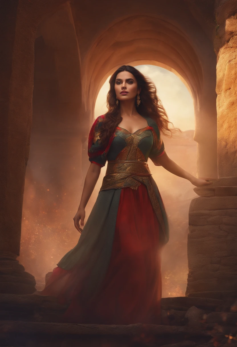 masterpiece, best quality, dynamic pose, dynamic angle, ruins, dynamic background, multicolored background, 1girl, standing,