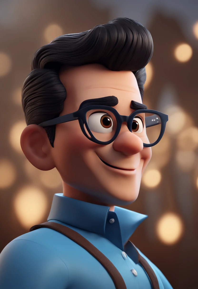 Cartoon character of a man with black glasses and a blue shirt, animation character, Caractere estilizado, animation style rendering, 3D estilizado, Arnold Maya render, 3 d render stylized, toon render keyshot, Personagem 3D, Personagem 3D, 3d rendering stylized, 3 d character render, personagem de desenho animado, Personagem de close up, Pose de personagem, (Estilo Pixar) (master part:1.2) (Bokeh) (best quality) (pele detalhada) (textura detalhada) (8k) (argila) (Cinematic lighting) (foco nítido