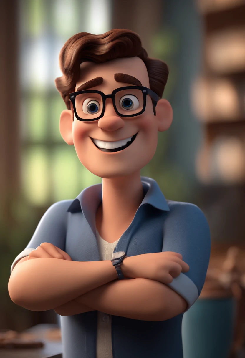 Cartoon character of a man with black glasses and a blue shirt, animation character, Caractere estilizado, animation style rendering, 3D estilizado, Arnold Maya render, 3 d render stylized, toon render keyshot, Personagem 3D, Personagem 3D, 3d rendering stylized, 3 d character render, personagem de desenho animado, Personagem de close up, Pose de personagem,  (Estilo Pixar) (master part:1.2) (Bokeh) (best quality) (pele detalhada) (textura detalhada) (8k) (argila) (Cinematic lighting) (foco nítido