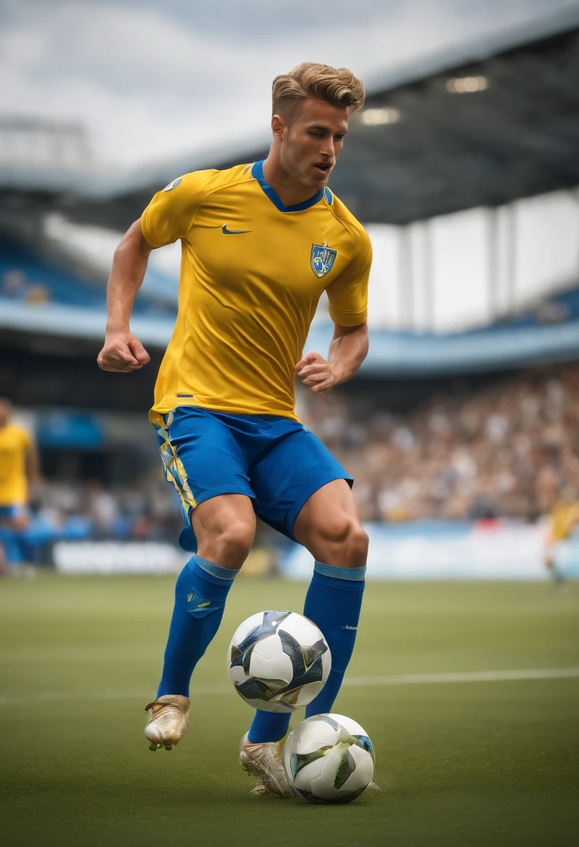 (best quality,4k,8k,highres,masterpiece:1.2),ultra-detailed,(realistic,photorealistic,photo-realistic:1.37), A football player kicking the ball with long, light-colored hair, wearing a yellow and blue outfit. [Soccer] [Sports] [Athlete] [Stadium] [Action] [Dynamic] [Powerful] [Precision] [Intensity] [Speed] [Victory] [Competition] [Excitement] [Skill] [Athleticism] [Energy] [Movement] [Bright colors] [Expressive] [Crowd cheering] [Focused] [Confidence] [Dynamic pose] [Clear blue sky] [Green grass] [Professional equipment] [Skillful footwork] [Sweat] [Adrenaline] [Celebration] [Championship celebration] [Golden trophy]