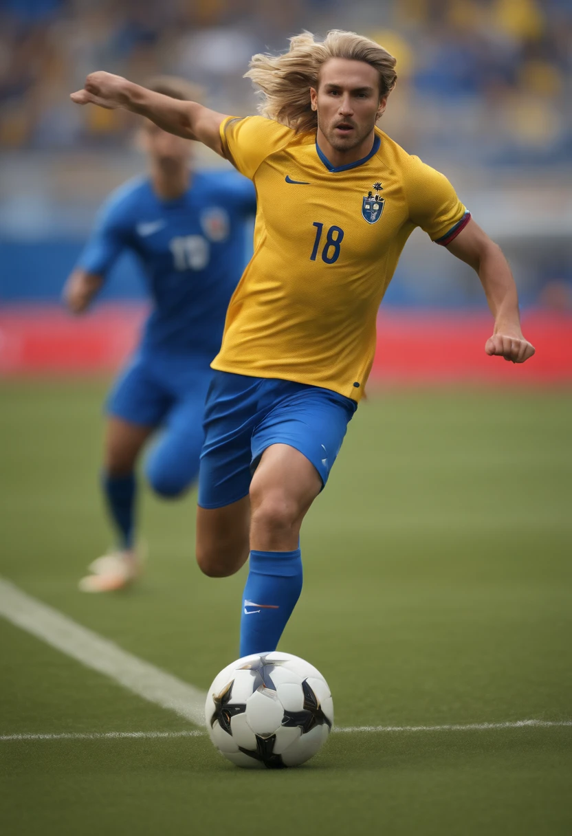 (best quality,4k,8k,highres,masterpiece:1.2),ultra-detailed,(realistic,photorealistic,photo-realistic:1.37), A football player kicking the ball with long, light-colored hair, wearing a yellow and blue outfit. [Soccer] [Sports] [Athlete] [Stadium] [Action] [Dynamic] [Powerful] [Precision] [Intensity] [Speed] [Victory] [Competition] [Excitement] [Skill] [Athleticism] [Energy] [Movement] [Bright colors] [Expressive] [Crowd cheering] [Focused] [Confidence] [Dynamic pose] [Clear blue sky] [Green grass] [Professional equipment] [Skillful footwork] [Sweat] [Adrenaline] [Celebration] [Championship celebration] [Golden trophy]