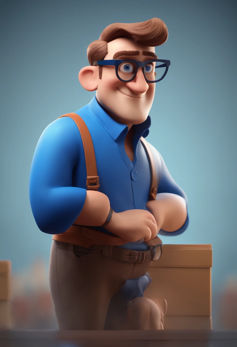 Cartoon character of a man with black glasses and a blue shirt, animation character, Caractere estilizado, animation style rendering, 3D estilizado, Arnold Maya render, 3 d render stylized, toon render keyshot, Personagem 3D, Personagem 3D, 3d rendering stylized, 3 d character render, personagem de desenho animado, Personagem de close up, Pose de personagem,  (Estilo Pixar) (master part:1.2) (Bokeh) (best quality) (pele detalhada) (textura detalhada) (8k) (argila) (Cinematic lighting) (foco nítido