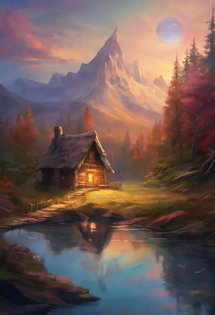 A lovely rustic cabin next to a lake, em uma noite de lua cheia