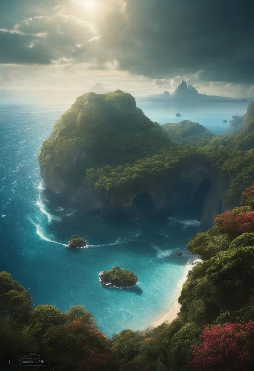 Game poster of Ethertia, science fiction, fantasy, ether particles in world boundary. sea, island with huge cliffs and dense giant trees. The sky has a fantasy effect, and the edge of the world is composed of sci-fi ether particles, like an edge-breaking distortion of an ether effect. sci fi, ultra realistic, nature, sea