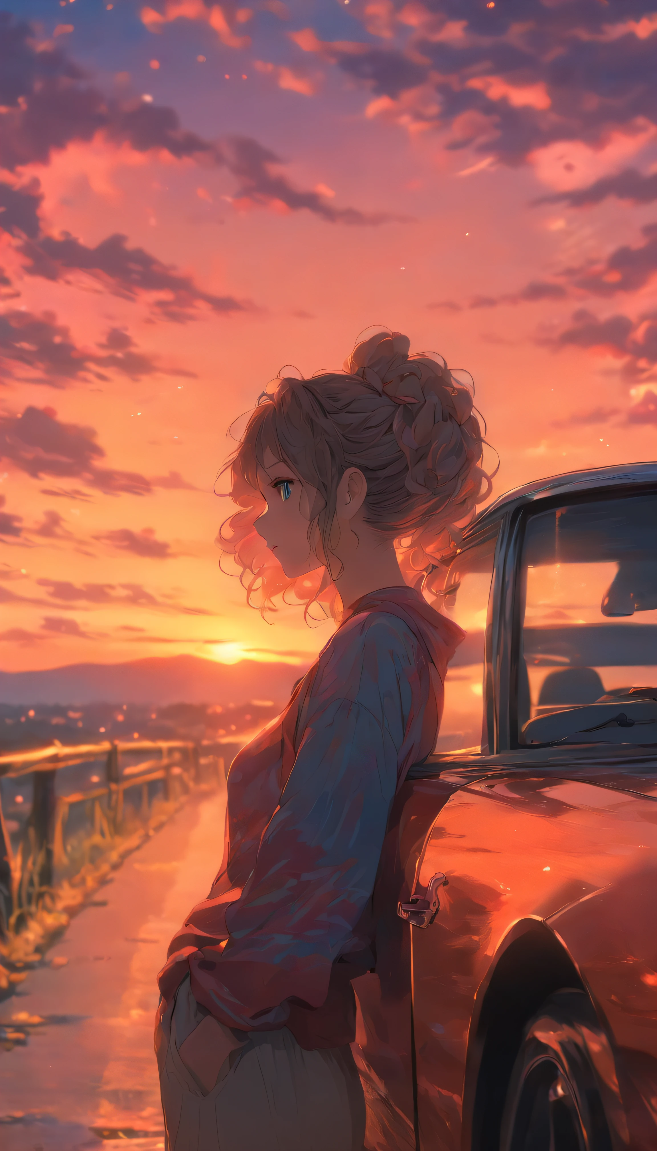 Woman leaning against car.hair is long. A wistful look.profile.Sunset、The sky is dyed with beautiful colors。Fantastic sky. crystal clear skies.High quality down to the smallest detail. fantastic landscape . People are far away