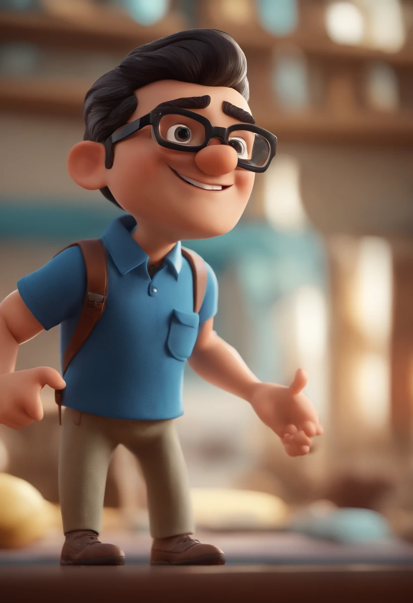 Cartoon character of a man with black glasses and a blue shirt, animation character, Caractere estilizado, animation style rendering, 3D estilizado, Arnold Maya render, 3 d render stylized, toon render keyshot, Personagem 3D, Personagem 3D, 3d rendering stylized, 3 d character render, personagem de desenho animado, Personagem de close up, Pose de personagem,  (Estilo Pixar) (master part:1.2) (Bokeh) (best quality) (pele detalhada) (textura detalhada) (8k) (argila) (Cinematic lighting) (foco nítido