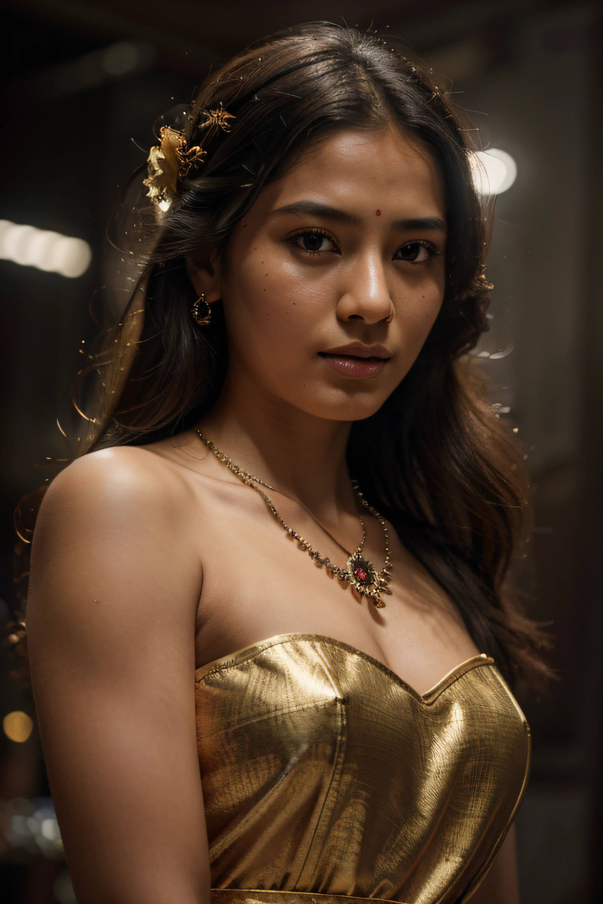 best quality, masterpiece, highres ILLUSTRATION, 1 nepali neawri face girl, newari traditional dress, hair ornament, necklace, jewelry, Beautiful face, Tyndall effect, photorealistic, dark studio, rim lighting, two tone lighting,(high detailed skin:1.2), 8k uhd, dslr, soft lighting, high quality, volumetric lighting, candid, (masterpiece, best quality, ultra-detailed, highres, best illustration), high resolution, 4k, 8k, Bokeh, full body, historical, mythical style