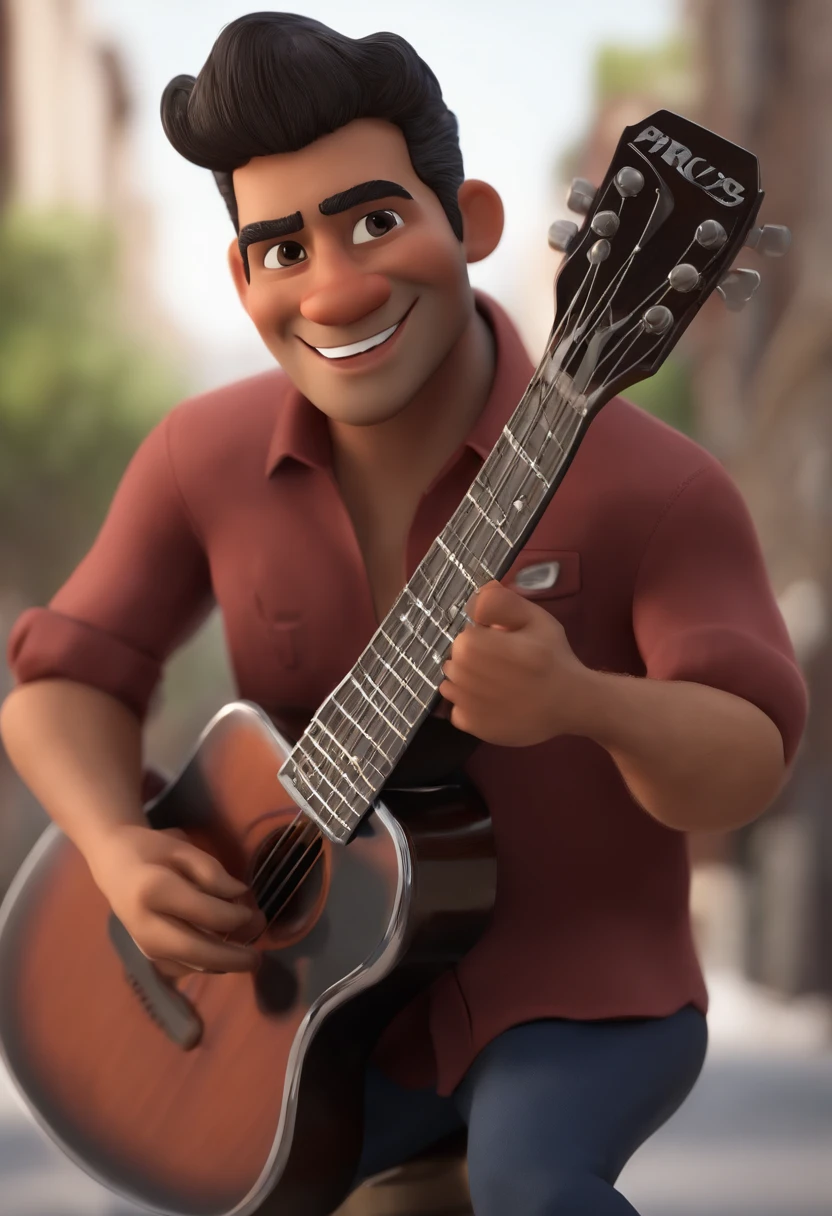 Personagem dos desenhos animados de um Homem branco de barba, parecendo Rufus o Lenhador, tocando Guitarra, com camisa xadrez vermelha e preta, animation character, Caractere estilizado, animation style rendering, 3D estilizado, Arnold Maya render, 3 d render stylized, toon render keyshot, Personagem 3D, Personagem 3D, 3d rendering stylized, 3 d character render, personagem de desenho animado, Personagem de close up, Pose de personagem, (Estilo Pixar) (master part:1.2) (Bokeh) (best quality) (pele detalhada) (textura detalhada) (8k) (argila) (Cinematic lighting) (foco nítido