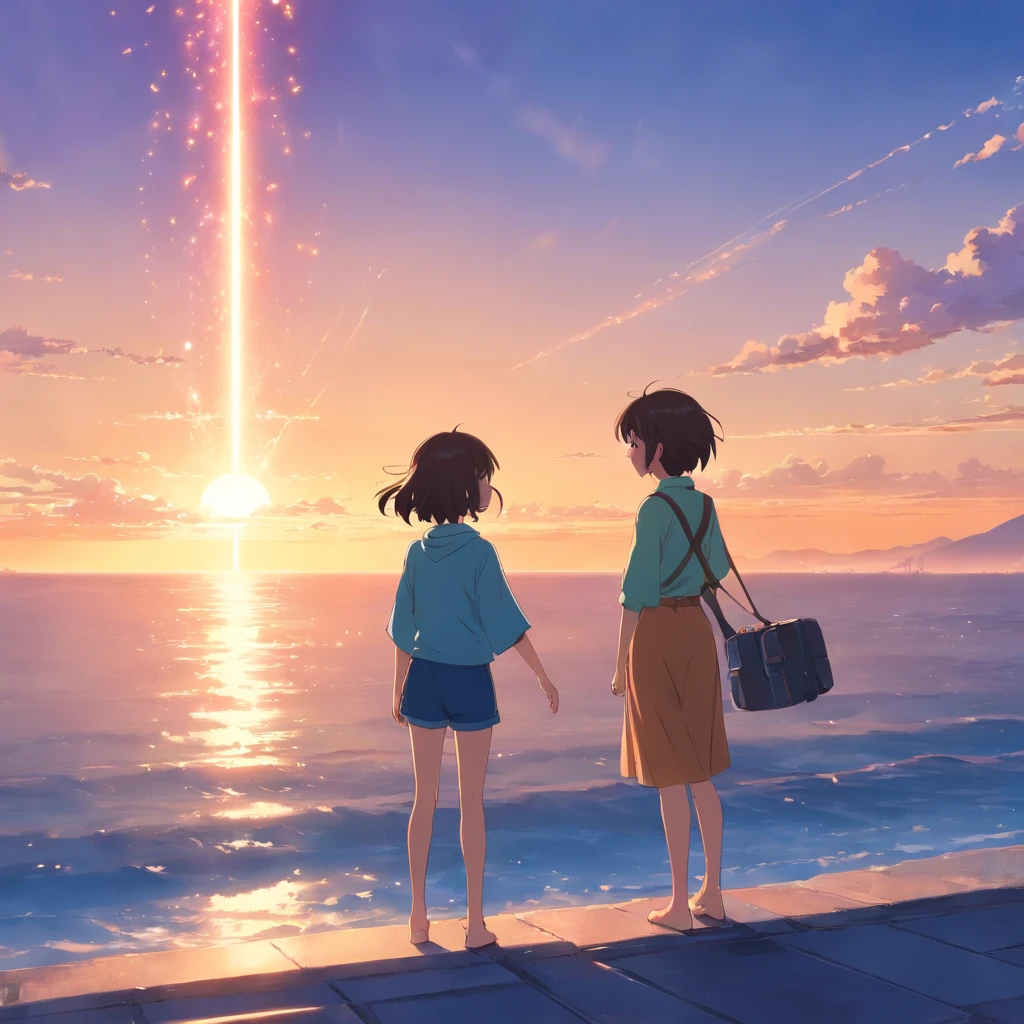 tmasterpiece,melhor qualidade,cinematic Film still from,,floating into the sky,clivagem em close-up,brilhantemente,alegria,warm and gentle lighting,the sunset,(Spark of Light:0.7)