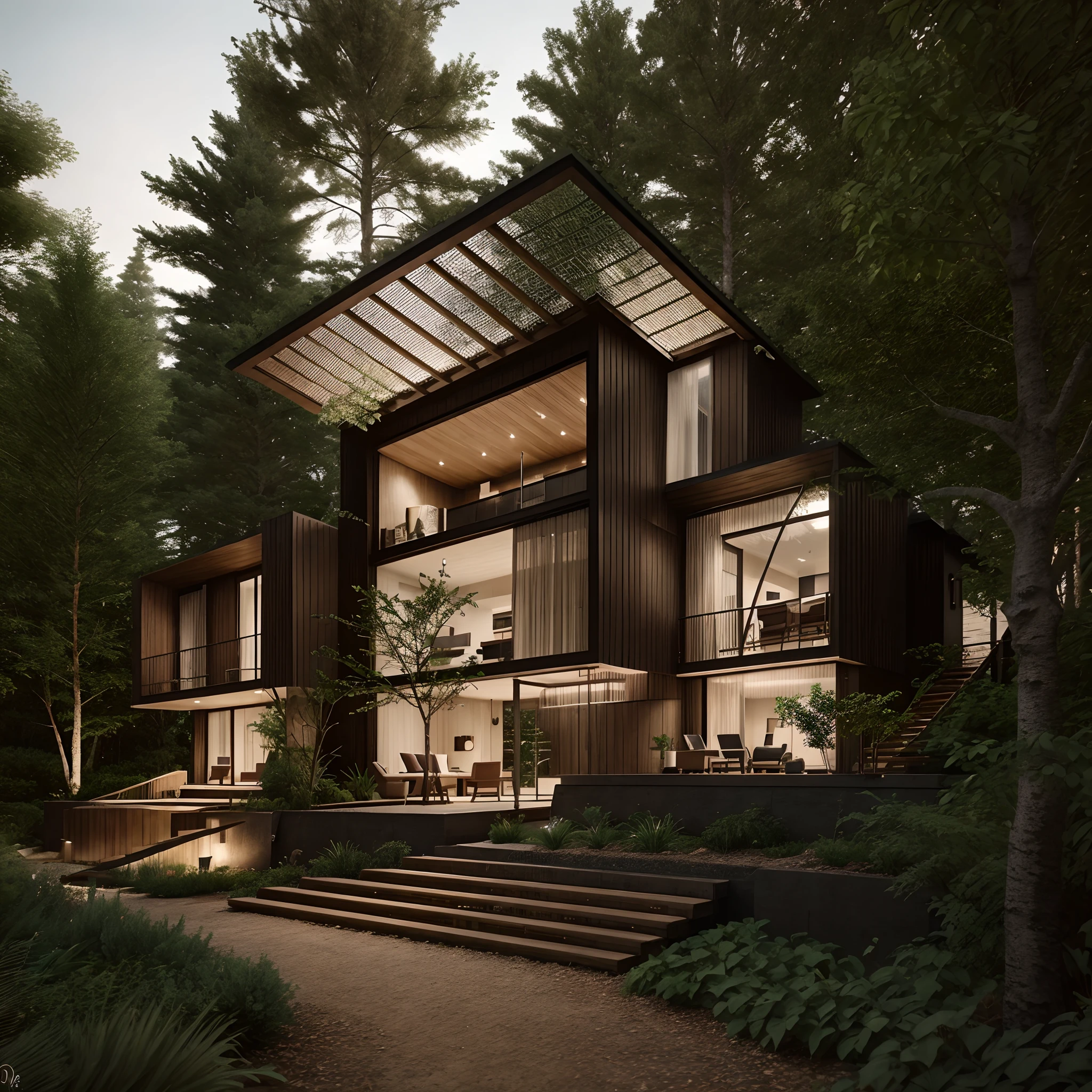 A modern construction for a house in a luxury condominium, Contemporary architecture The look is beautiful with supporting pillars, Acabamento Brisa, Wooded area with trees behind the building, ultra realistic, detalhes intrincados, cinematic lights, 8k