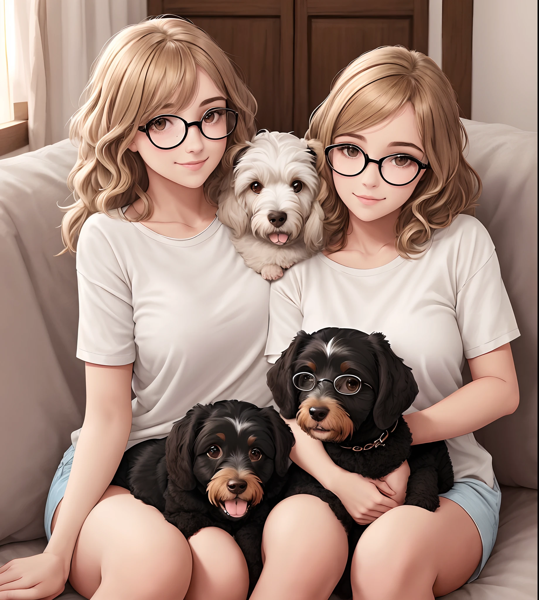 Muppy, cachorra labradoodle branca e peluda,  cuddled with her owner Jessica, mulher, garota branca, com cabelos longos, lisos e castanhos, wearing round glasses, in cute scenery, estilo desenho
