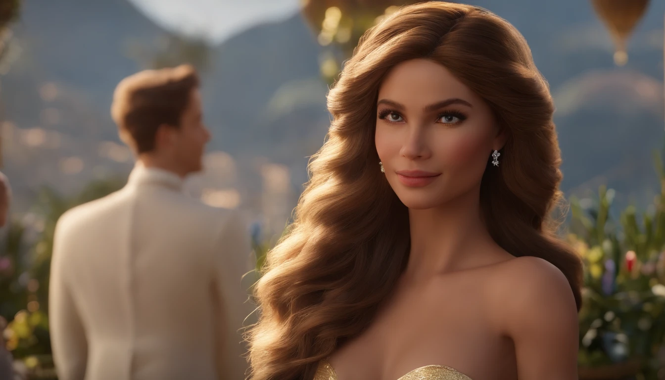 cinematic quality,Disney Animation Style,Menina bonito com cabelo dourado longo no vestido branco。Restaurant in the evening。cabelo detalhado,salto alto,profundidade de campos,destacar,luz real,Traching de raias,OC rendering,Ultra foto realsisim,melhor qualidade,em 8K,Domine a tecnologia,Anatomia detalhada do corpo humano,sharp focus on eyes,Detailed representation of facial features,Efeitos bokeh,Longshot