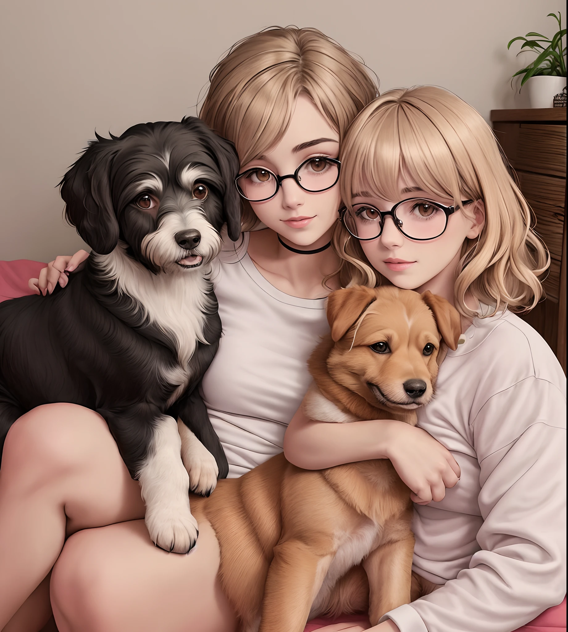 Muppy, cachorra labradoodle branca e peluda, cuddled with her owner Jessica, mulher, garota branca, com cabelos longos, lisos e castanhos, wearing round glasses, in cute scenery, estilo desenho