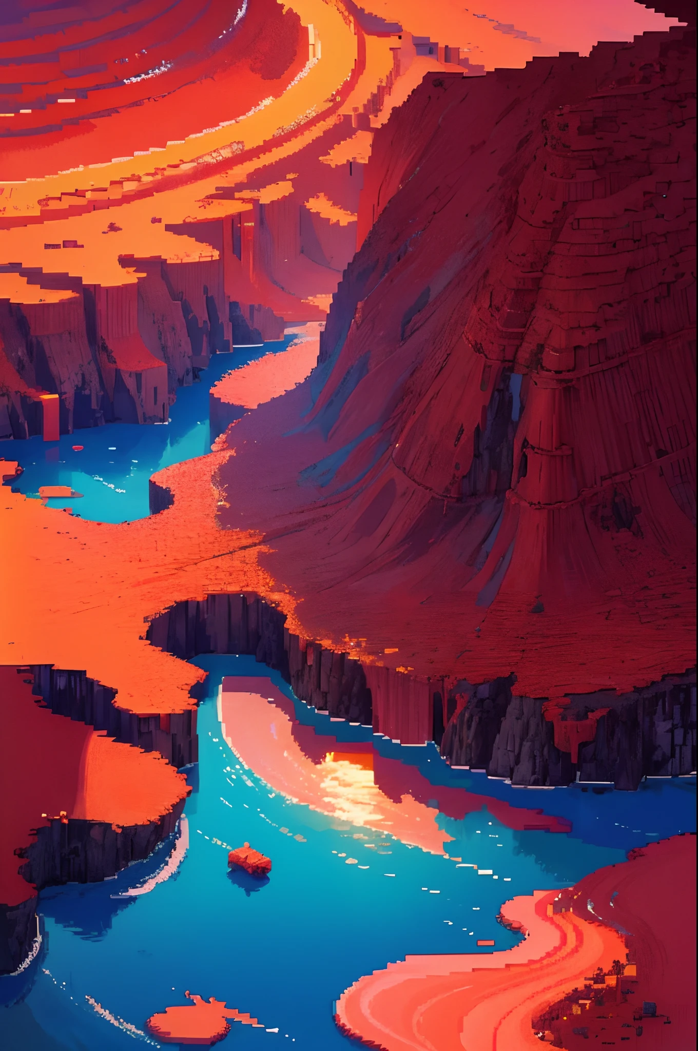 Pixel Art Tourist Destination Red Waves Sunset Landscape. noite. Papel de parede 3D Pixel Art. awesome pixel art. Ondas de vapor.