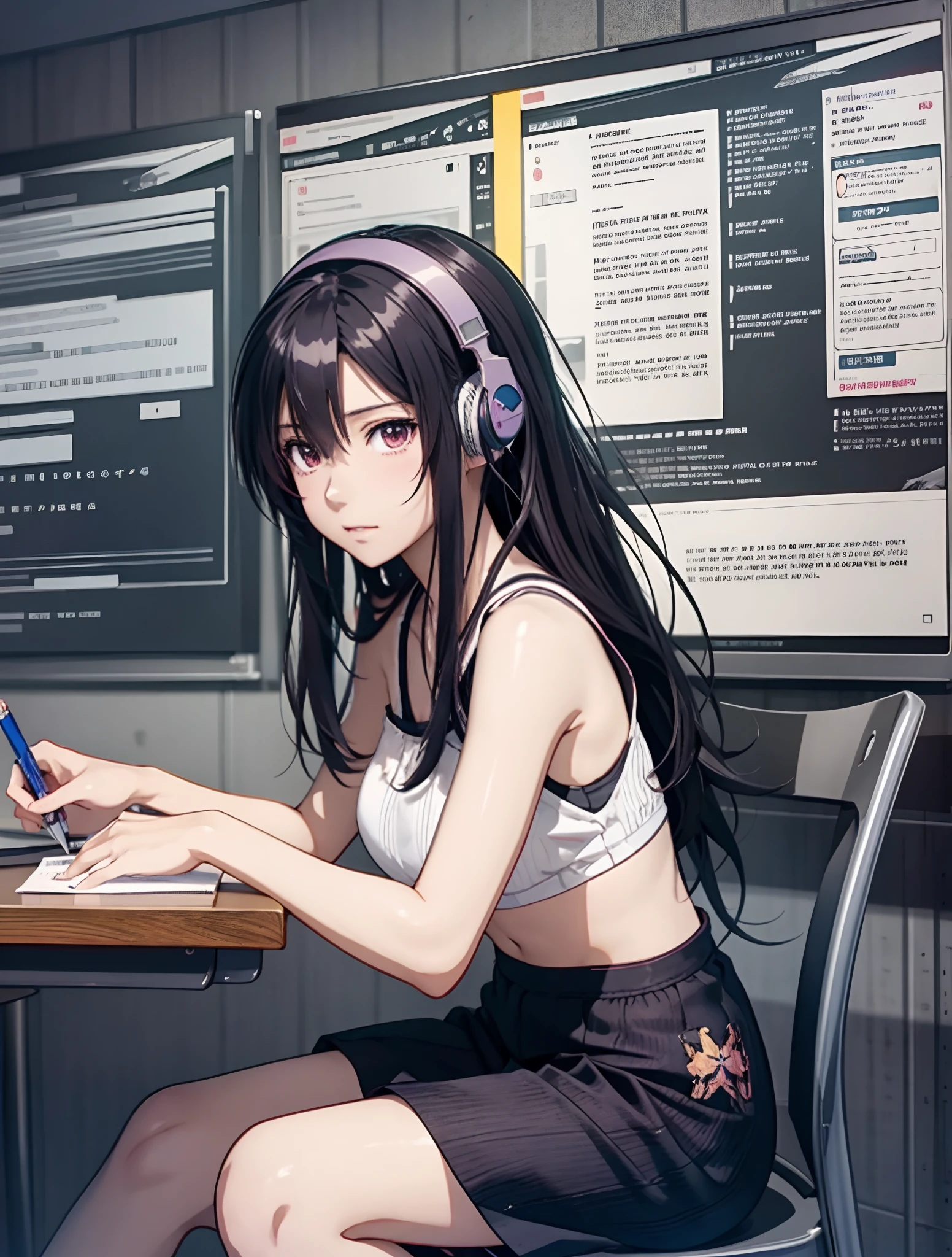 Anime girl sitting at desk with headphones when writing, anime style 4 k, digital anime illustration, digital anime art, Anime style. 8K, anime moe art style, anime art wallpaper 4k, anime art wallpaper 4k, anime style illustration, Smooth Anime CG Art, Detailed Digital Anime Art, Anime art wallpaper 8k, realistic anime 3 d style