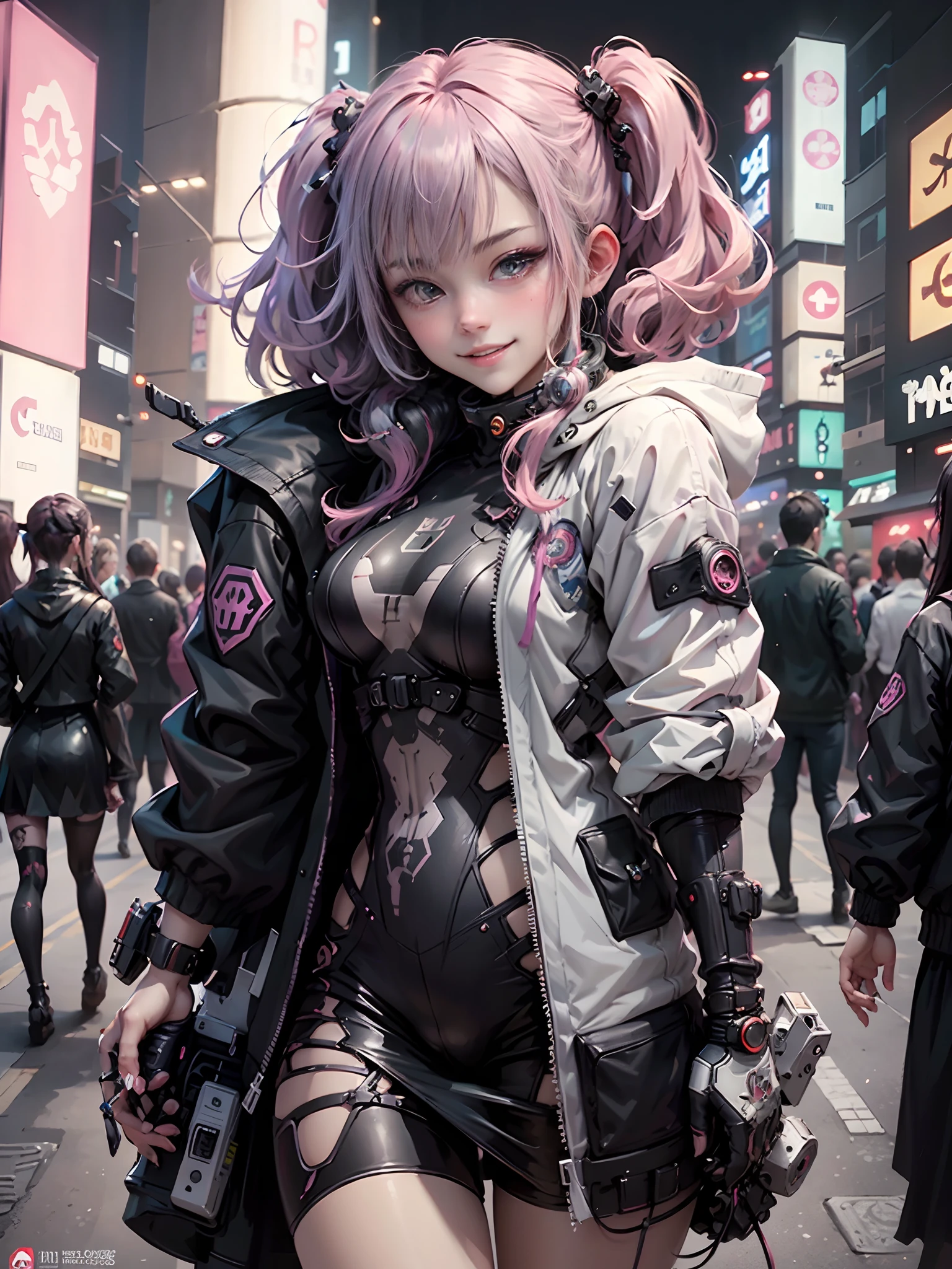 Anime masterpiece, best quality, (((2 smiling teenaged cyberpunk girls ((wearing detailed Harajuku tech jackets)) standing together taking selfie portrait))), (((Harajuku cyberpunk clothing)))), bold colors and patterns, eye-catching accessories, trendy and innovative hairstyle))), ((insane detail)), dazzling Cyberpunk cityscape, skyscrapers, glowing neon signs, (LED lights), anime illustration, detailed skin texture, detailed cloth texture, beautiful detailed face, intricate details, ultra detailed, cinematic lighting, strong contrast.