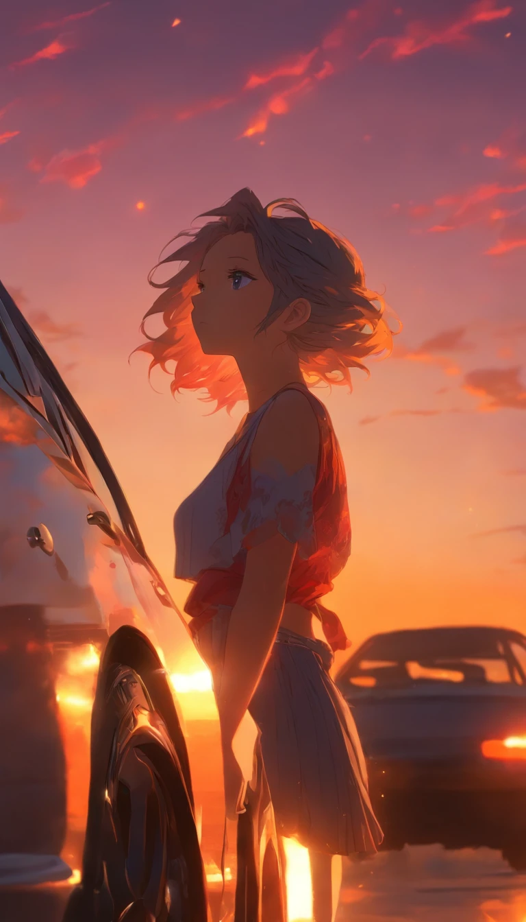 Woman leaning against car.hair is long. A wistful look.profile.Sunset、The sky is dyed with beautiful colors。Fantastic sky. crystal clear skies.High quality down to the smallest detail. fantastic landscape . People are far away