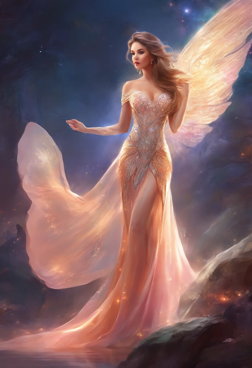 beautiful woman wearing a sexy evening gown, background stage miss universe, walking, Sexy crystal evening gown