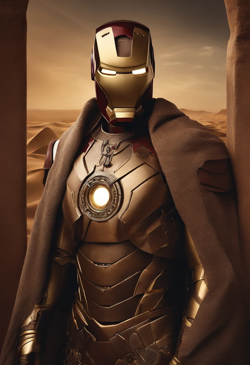 Image of Iron Man inspired by a Dubai with clothes and things typical of the Arab from the time of the pyramids, Ultra sharp, imagem premium com o Museu do Futuro ao fundo, arte conceitual, fantasia sombria, 插圖, poster