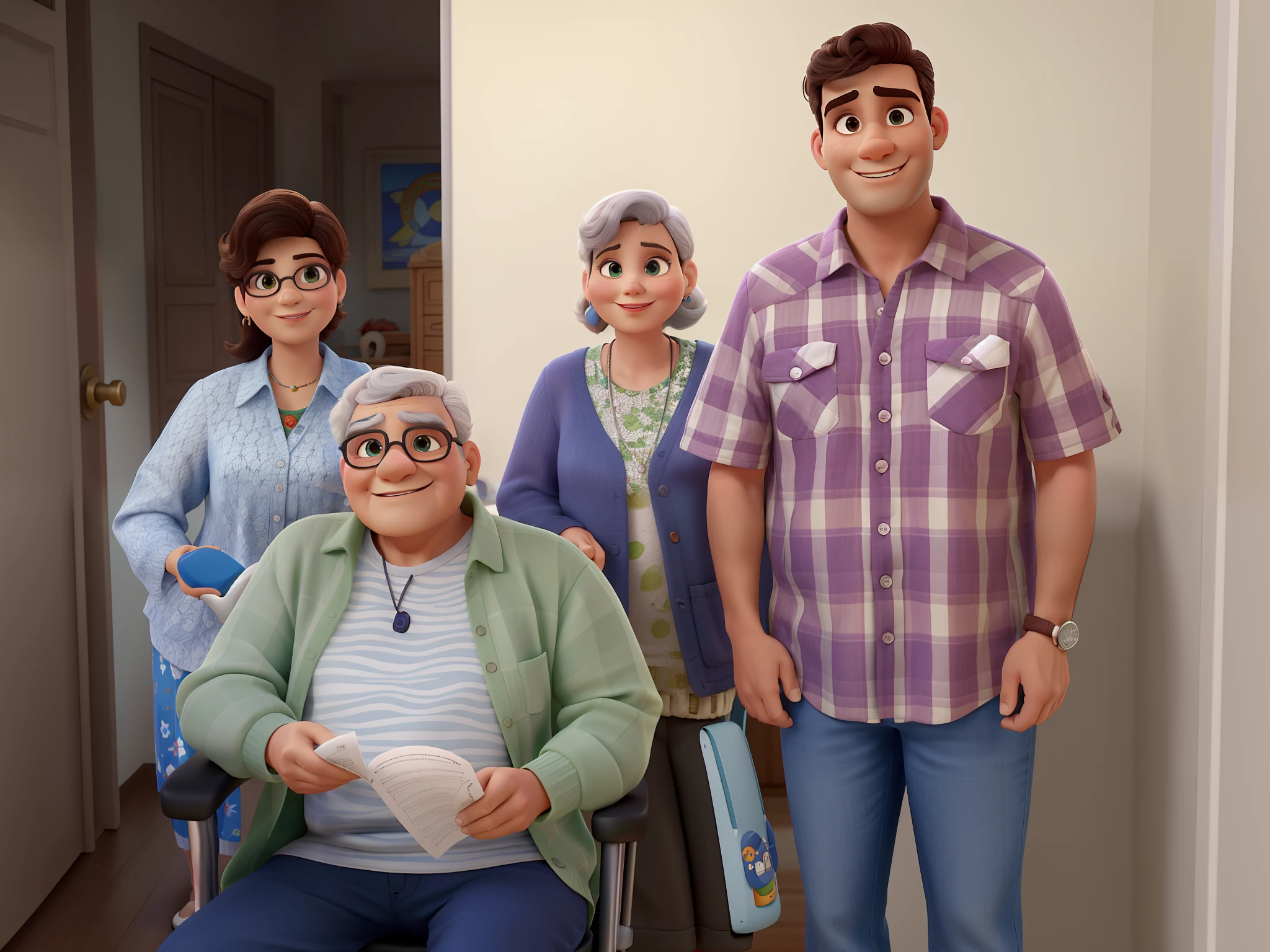 Quatro pessoas entre 50 e 60 anos, dois homens, duas mulheres com cabelos curtos, estilo disney pixar, alta qualidade, melhor qualidade