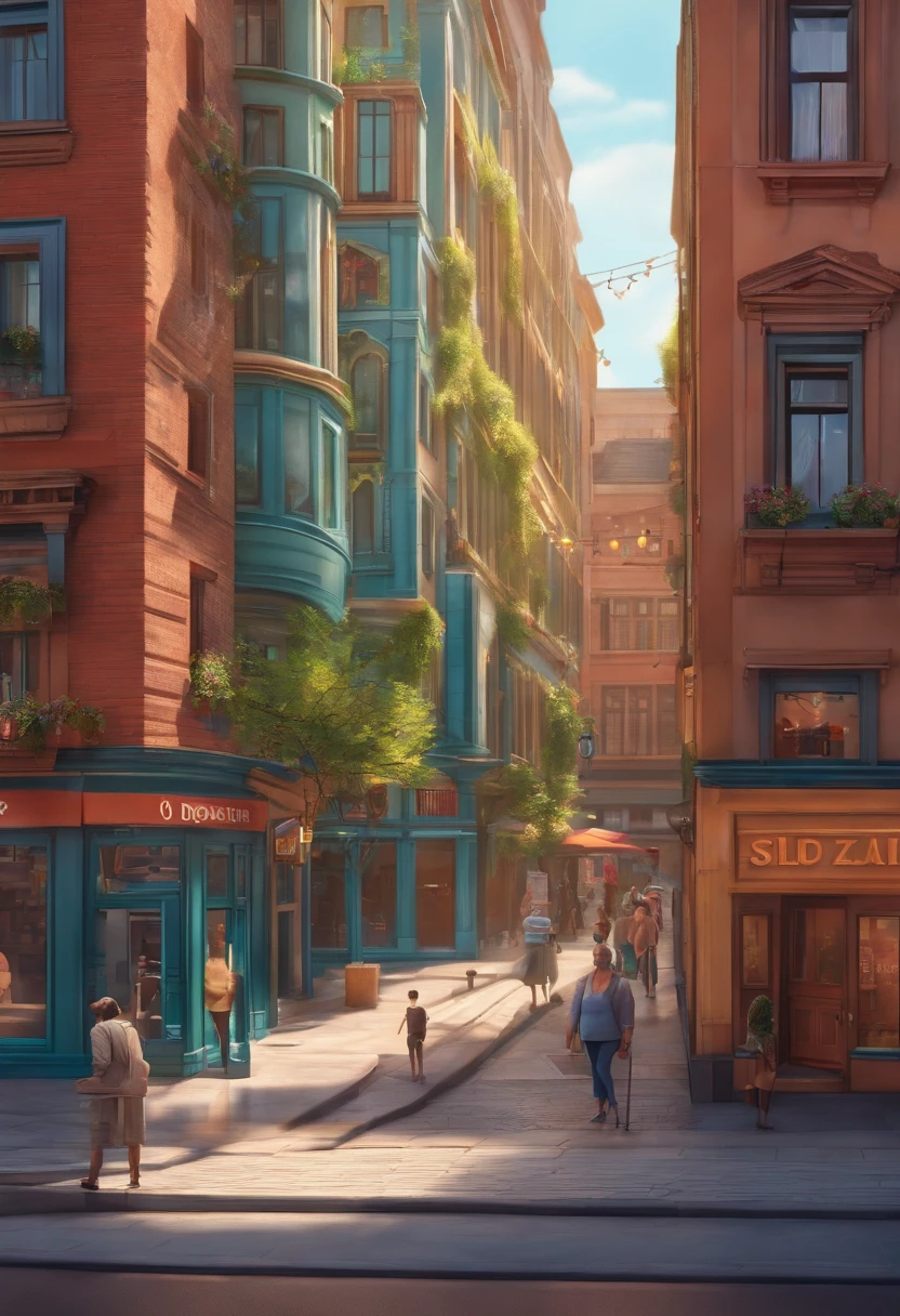 Pixar 3D-style drawing of a slimming clinic in the city center with a character in the foreground