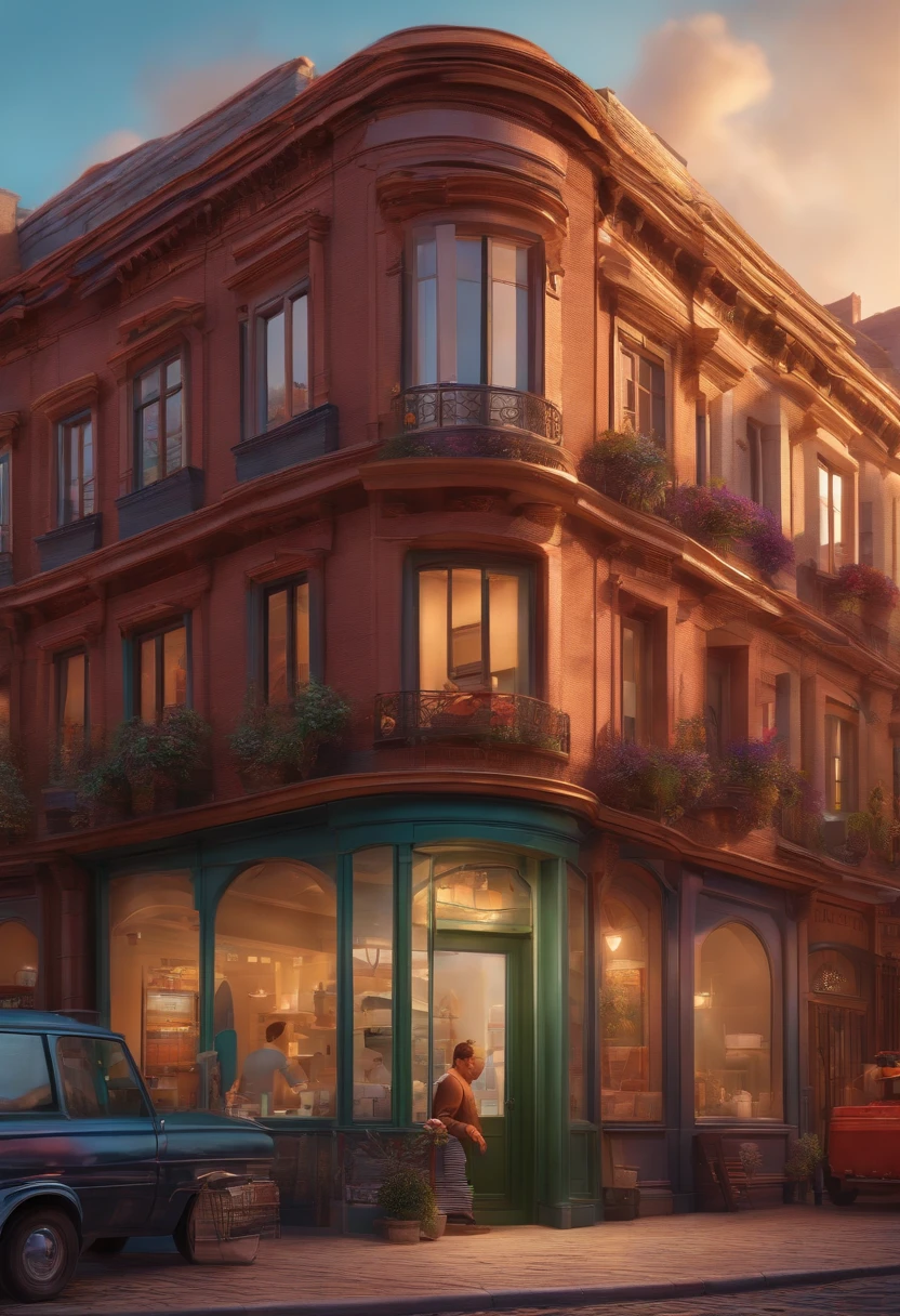 Pixar 3D-style drawing of a slimming clinic in the city center with a character in the foreground