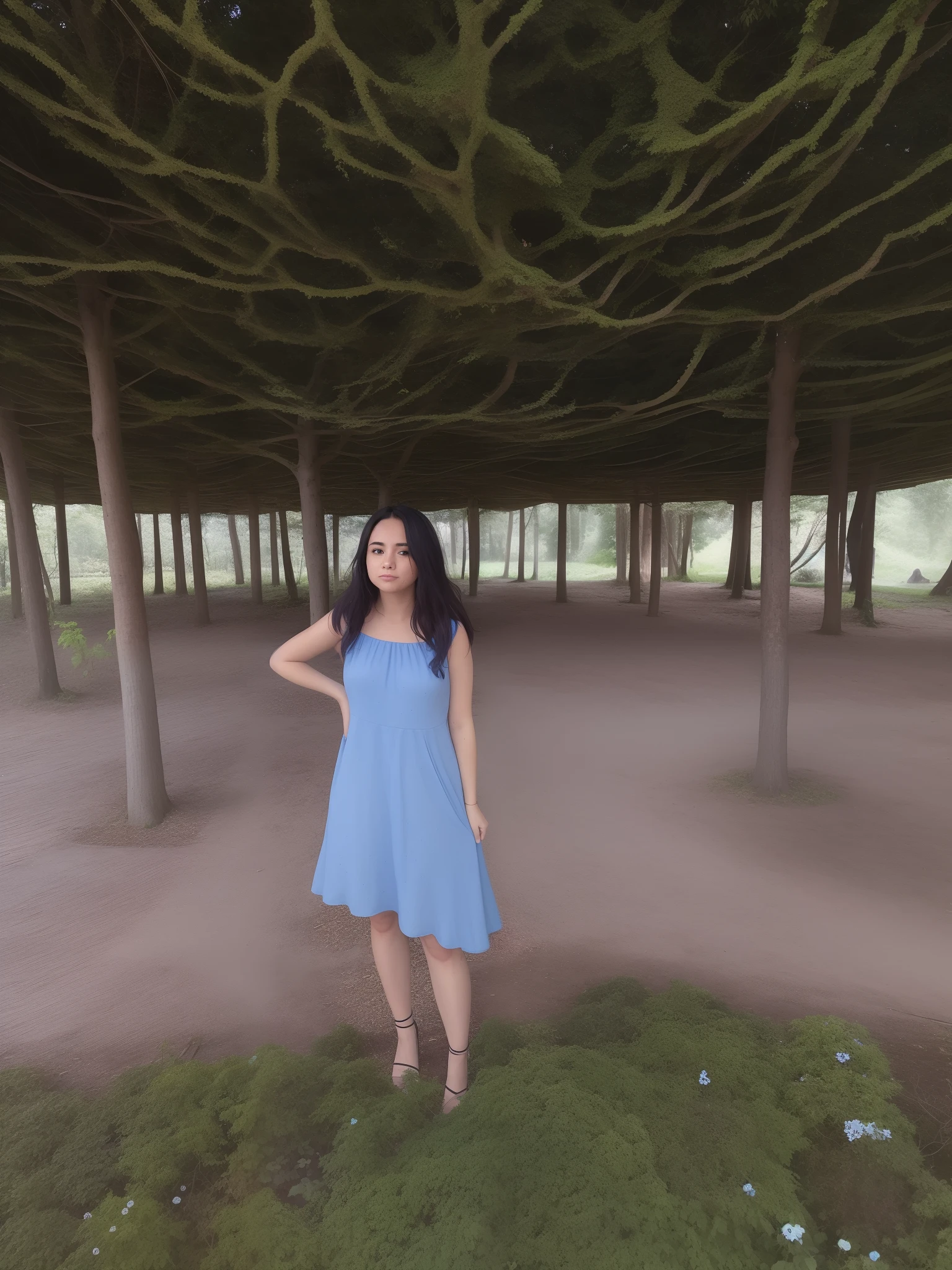 Woman in a blue dress standing under a canopy, standing in a botanical garden, em frente a um fundo de floresta, in front of an amazing forest, em um parque, em um parque, with a tree in the background, usando um vestido feito de videiras, com um parque ao fundo, usando um vestido azul, trees in the background