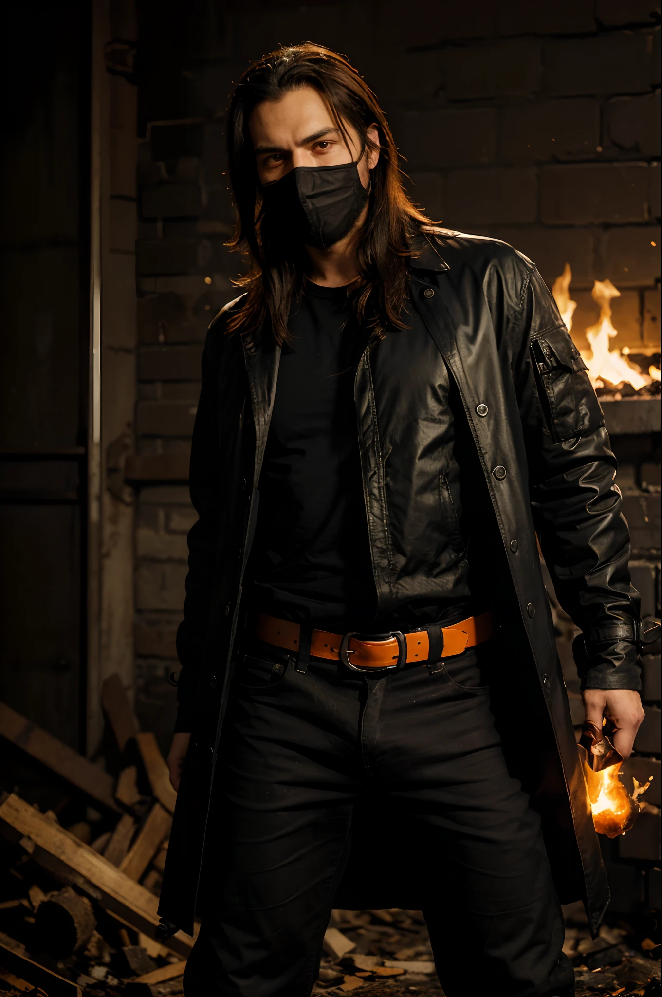 Man with long black hair and a black beard with sunglasses on. He has the facial expression of lifting something heavy. He has a black jacket on. He has a white shirt under the jacket. His pants are jeans and he has black boots on. He has a jump boosters at his waist. His right arm is black with orange streaks that look like lightning through it. It fades once it reaches his elbow. His right arm is lifted to be in front of him and fire is blasting from it. Fire is on the ground around him but not touching him. His left arm has a glove on it. A black demon with orange eyes and mouth stands behind him. The demon has the same orange streaks going through his entire body. He is grinning and he can only be seen if you look for him. A man with a black katana and green handle stands to the side of the man with the jacket on. The man with the katana has a black trench coat. With a mask that has a red glow from in the details of the mask. He has brown hair. He has black pants with black boots.