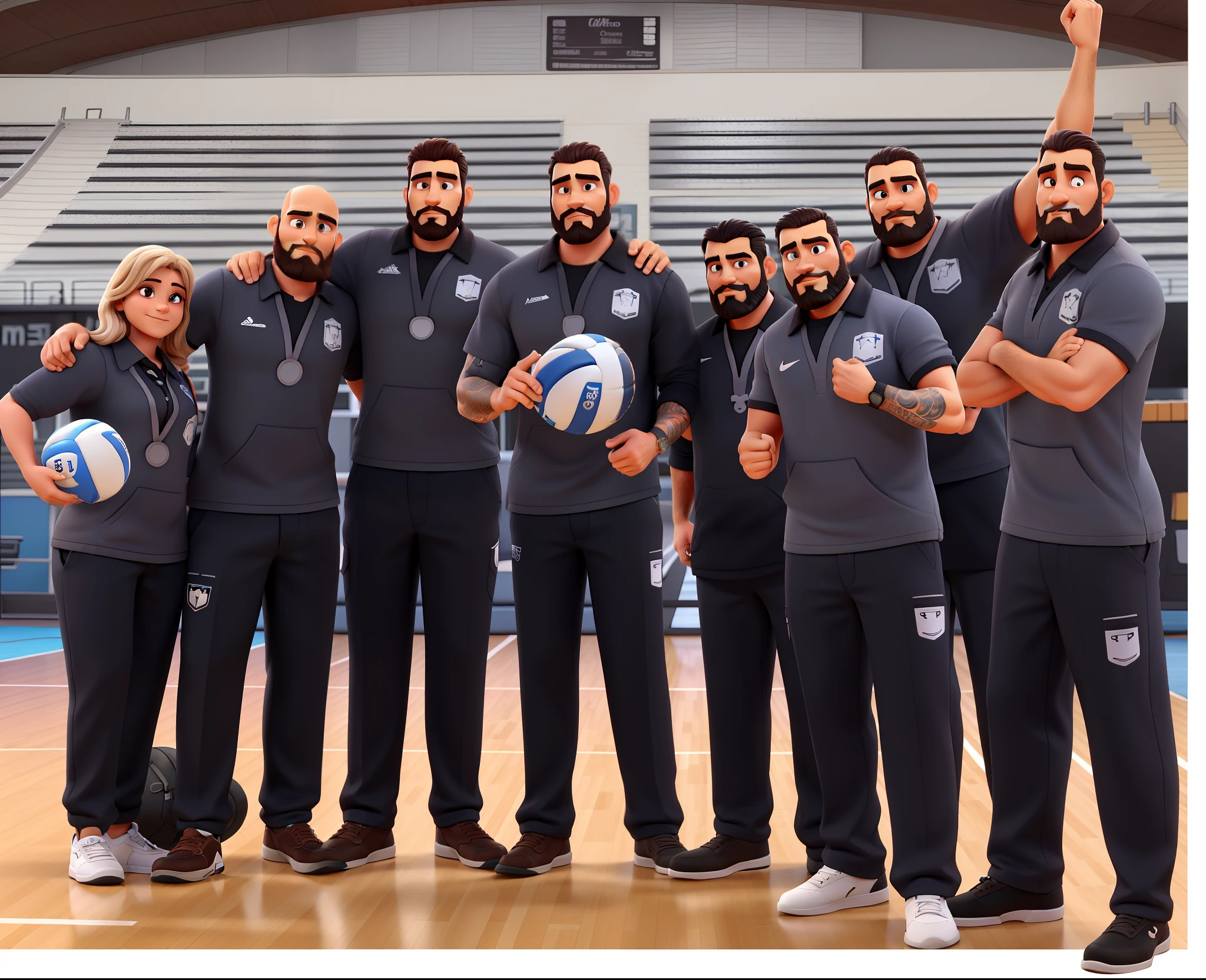 Uma mulher de cabelo longo e loiro, um homem careca e barba grisalha, um homem calvo cabelo preto e barba preta, The man in the middle is tall, com cabelos grisalhos e barba grisalha, um homem baixo de cabelo preto e barba preta, um homem baixo de cabelo castanho e barba rala, um homem alto careca e barba preta, um homem cabelo preto liso e barba preta, The backdrop is a volleyball court