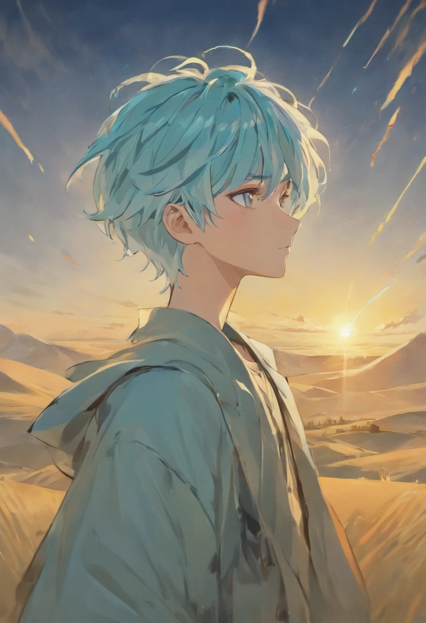 Beautifully drawn, High quality, Ultra-detailed CG illustration of a young man with a calm expression, Gaze into the distance,His striking light blue hair fluttered gently in the desert breeze. The landscape behind him is vast and breathtaking, Transports viewers to a world of wonder and exploration.