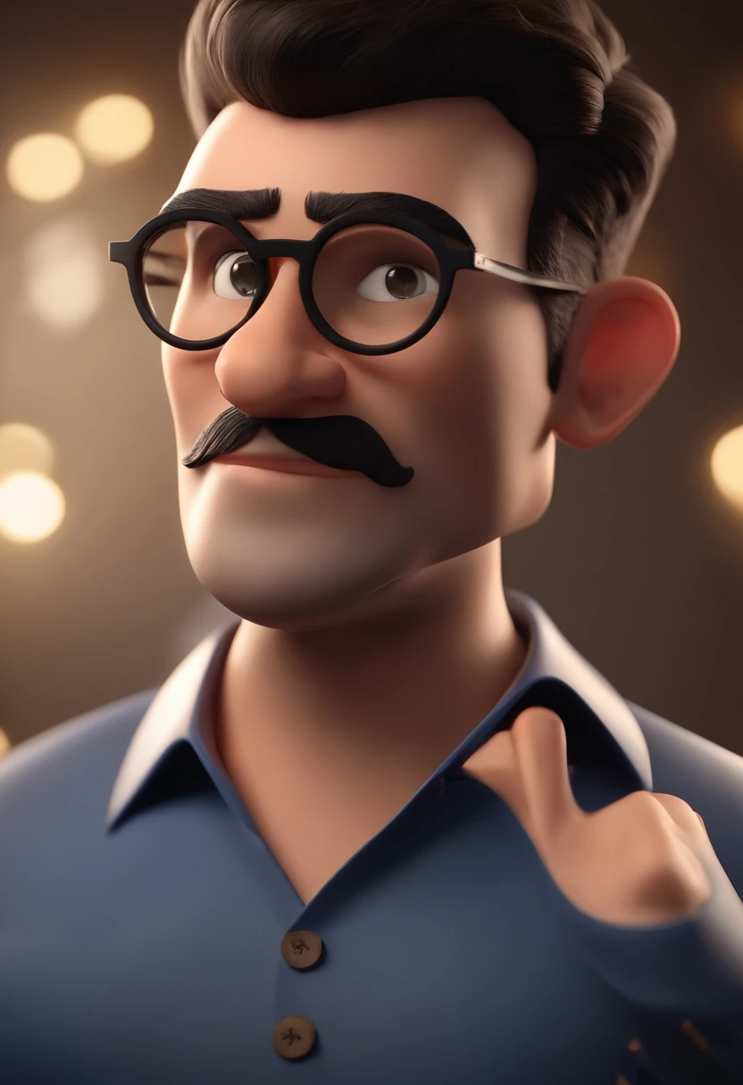 Cartoon character of a man wearing black glasses and a blue shirt, um personagem animado, Caractere estilizado, animation style rendering, 3D estilizado, Arnold Maya render, 3 d render stylized, toon render keyshot, Personagem 3D, Personagem 3D, 3d rendering stylized, 3 d character render, personagem de desenho animado, Personagem de close up, Pose de personagem, (Estilo Pixar) (master part:1.2) (Bokeh) (best quality) (pele detalhada) (textura detalhada) (8k) (argila) (Cinematic lighting) (foco nítido,Senta e vaza a parte superior do corpo